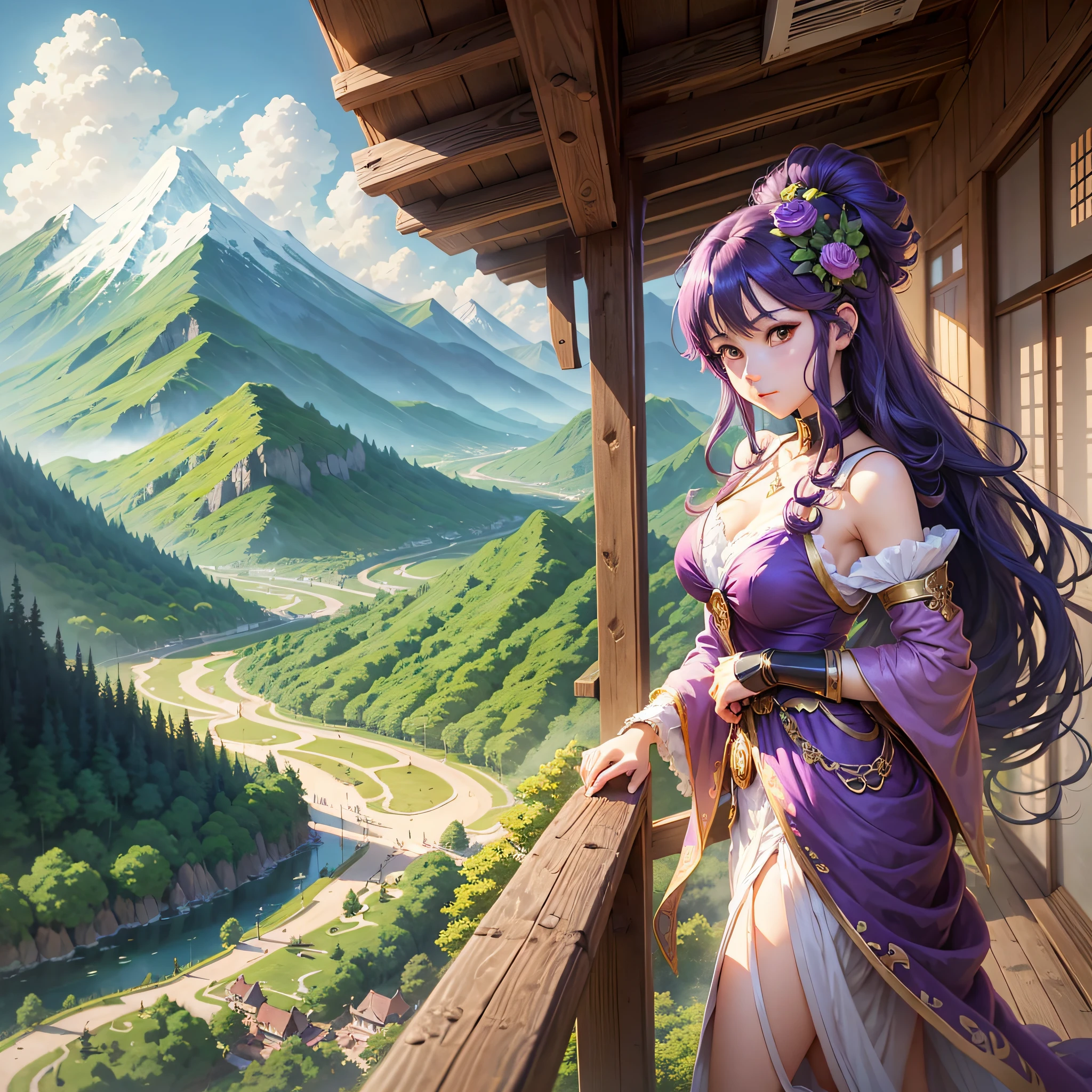 anime girl in purple dress standing on a balcony overlooking a mountain valley, anime style 4 k, anime nature, anime in fantasy style, heroine japan vivid landscape, anime beautiful peace scene, anime landscape, beautiful anime scenery, anime nature wallpap, misato katsuragi, made with anime painter studio, 2. 5 d cgi anime fantasy artwork, anime! 4 k --auto --s2