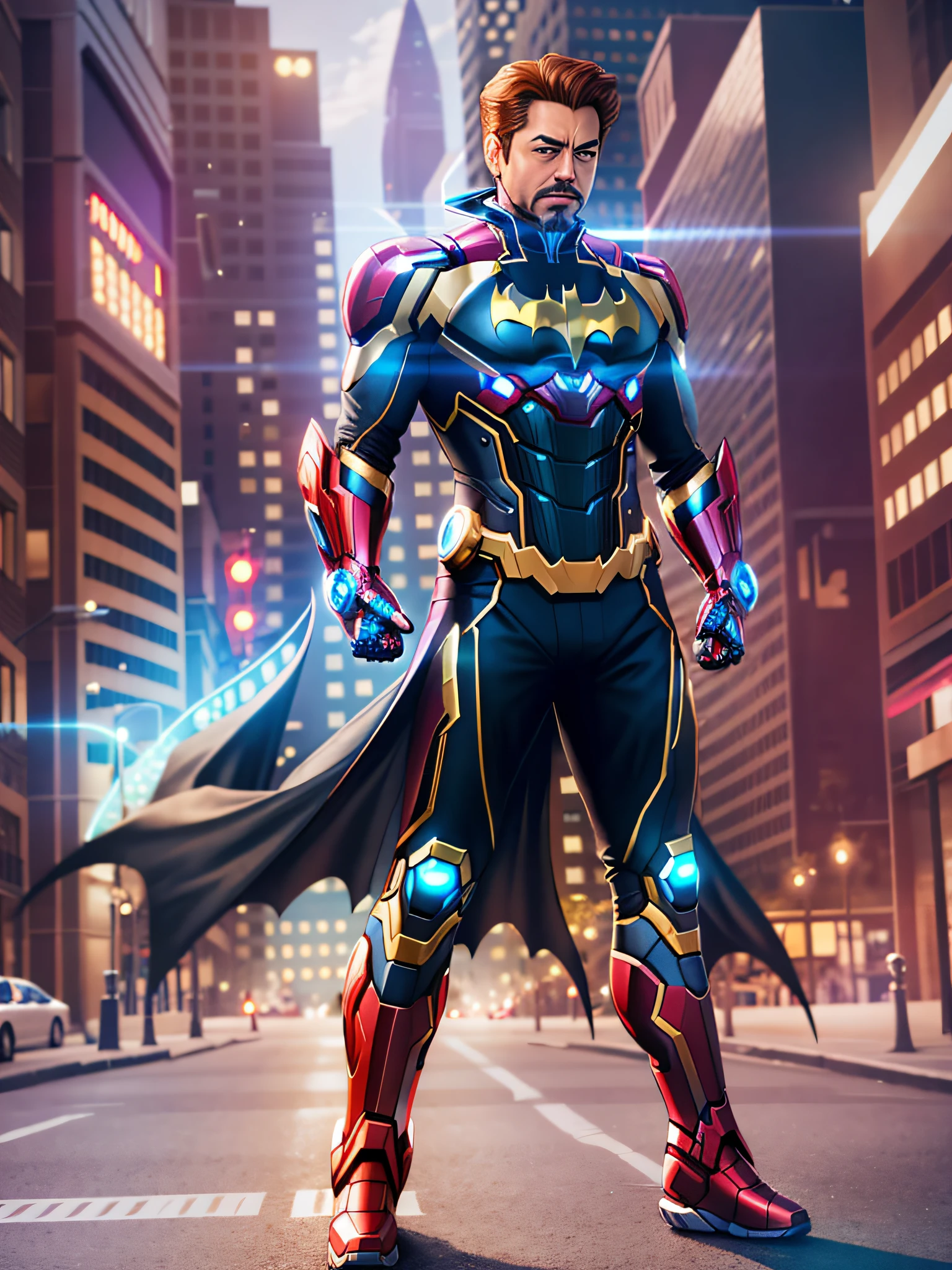 Tony stark with Batman cosplay, no mask, realistic, 8k, full body