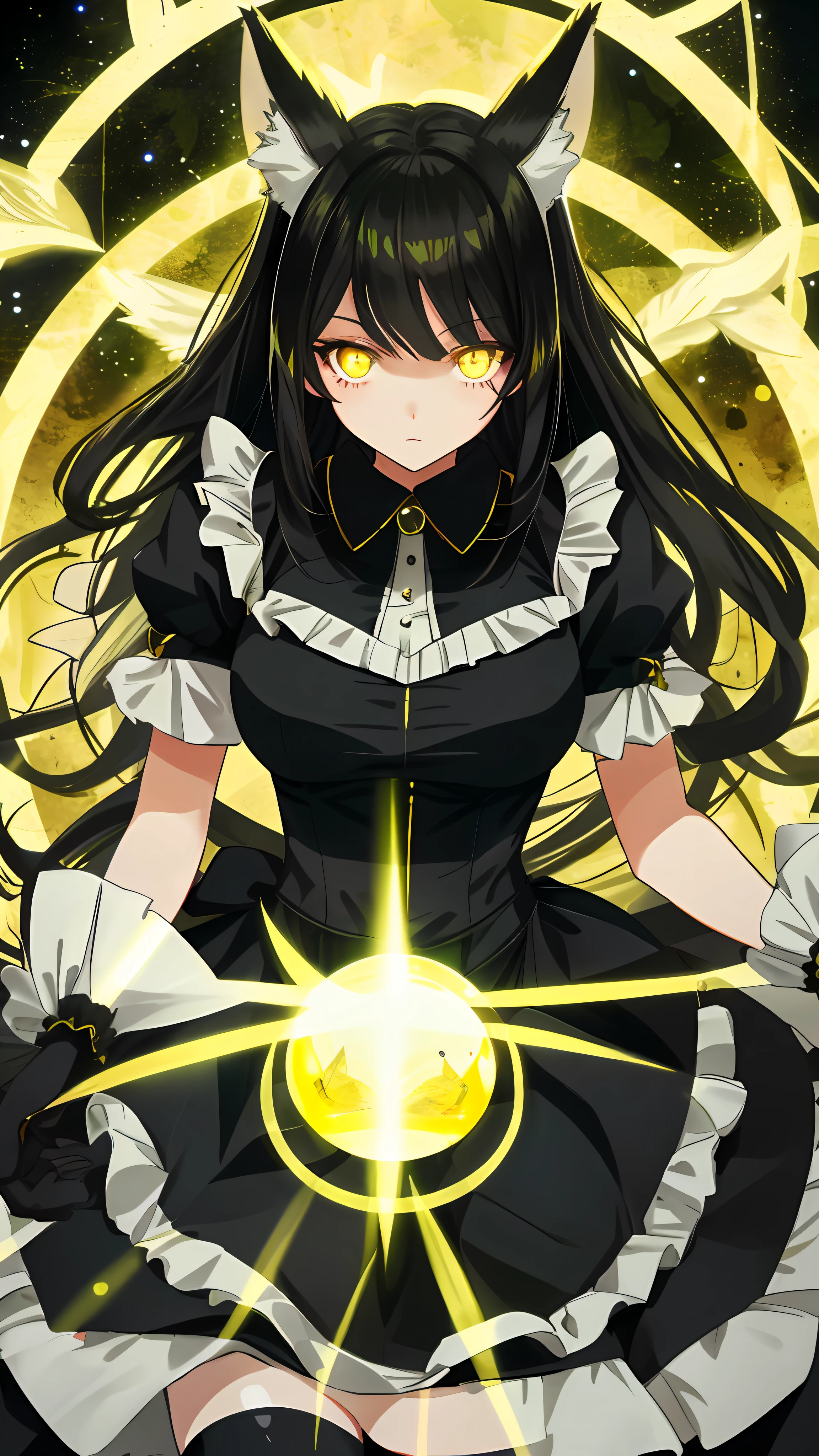 Yellow eyes, black hair, maid outfit, 1girl, large breasts, light Expression, 1girl, glassy eyes, bright eyes, shining eyes, reflective eyes, glowing eyes, fox ears girl