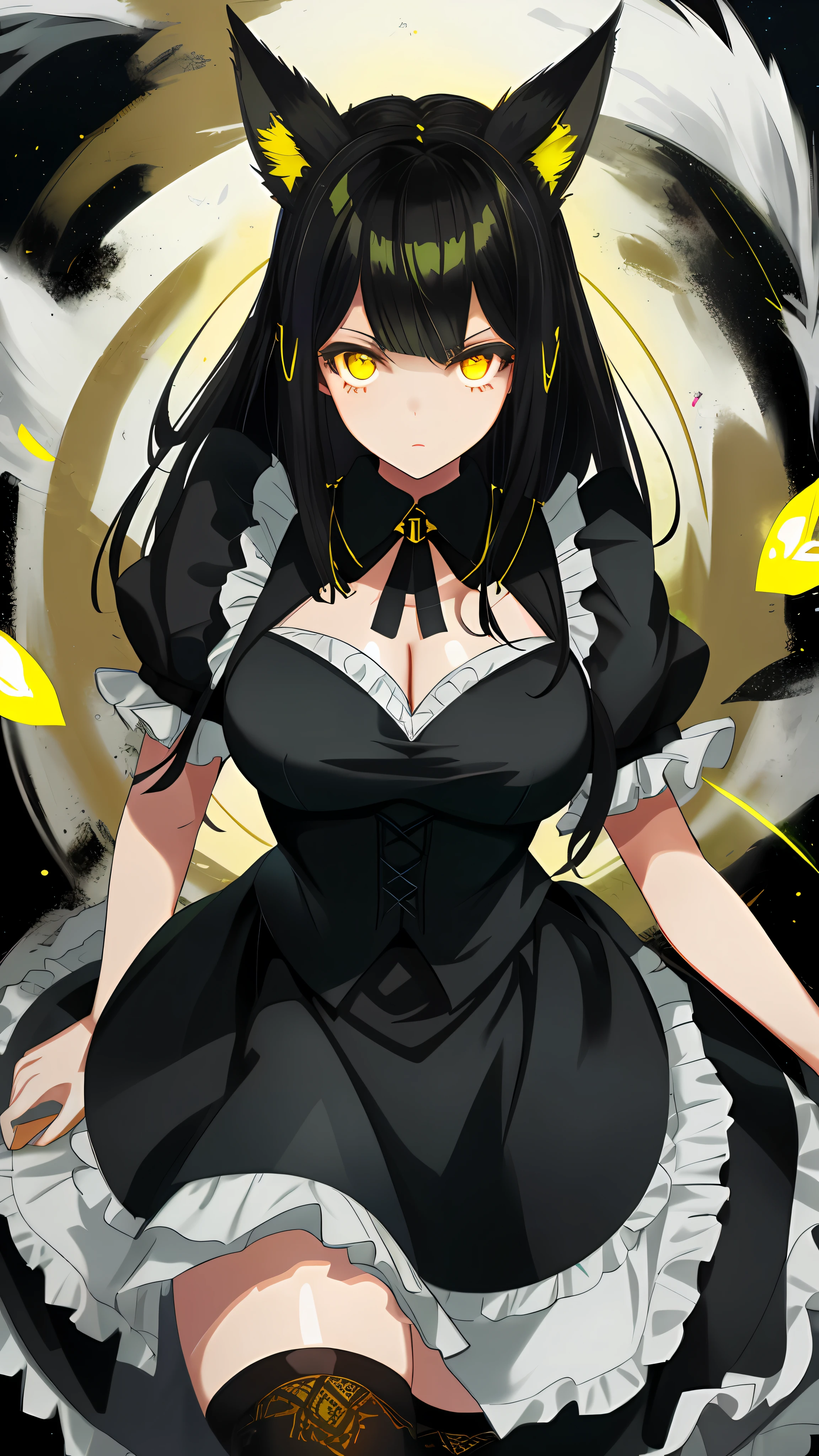 Yellow eyes, black hair, maid outfit, 1girl, ?????????????, light Expression, 1girl, glassy eyes, bright eyes, shining eyes, reflective eyes, glowing eyes, fox ears girl