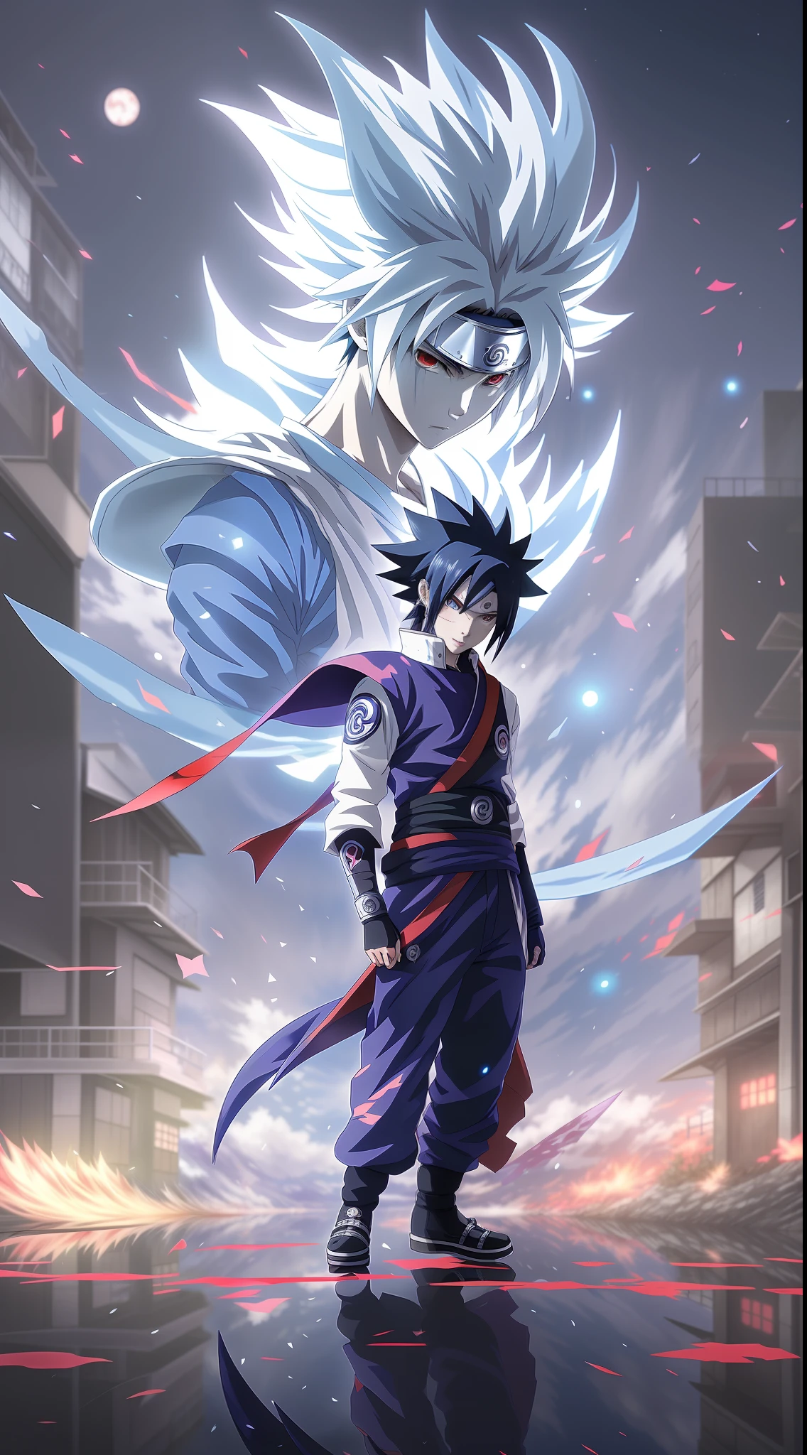 Naruto, Sasuke, Sasuke Uchiha, Sharingan, Kaleidoscope Blood Wheel Eye, Susano, Susano. Shuriken with shuriken in hand, above is Raiche, anime character in blue and white costume standing in puddle, badass anime 8 k, anime epic artwork, super instinctive, epic 8 k hd anime footage, 4k anime wallpaper, anime style 4 k, 4 k manga wallpaper, premium digital anime art, anime art wallpaper 8 k, anime art wallpaper 4k, anime art wallpaper 4k, anime wallpaper 4 k