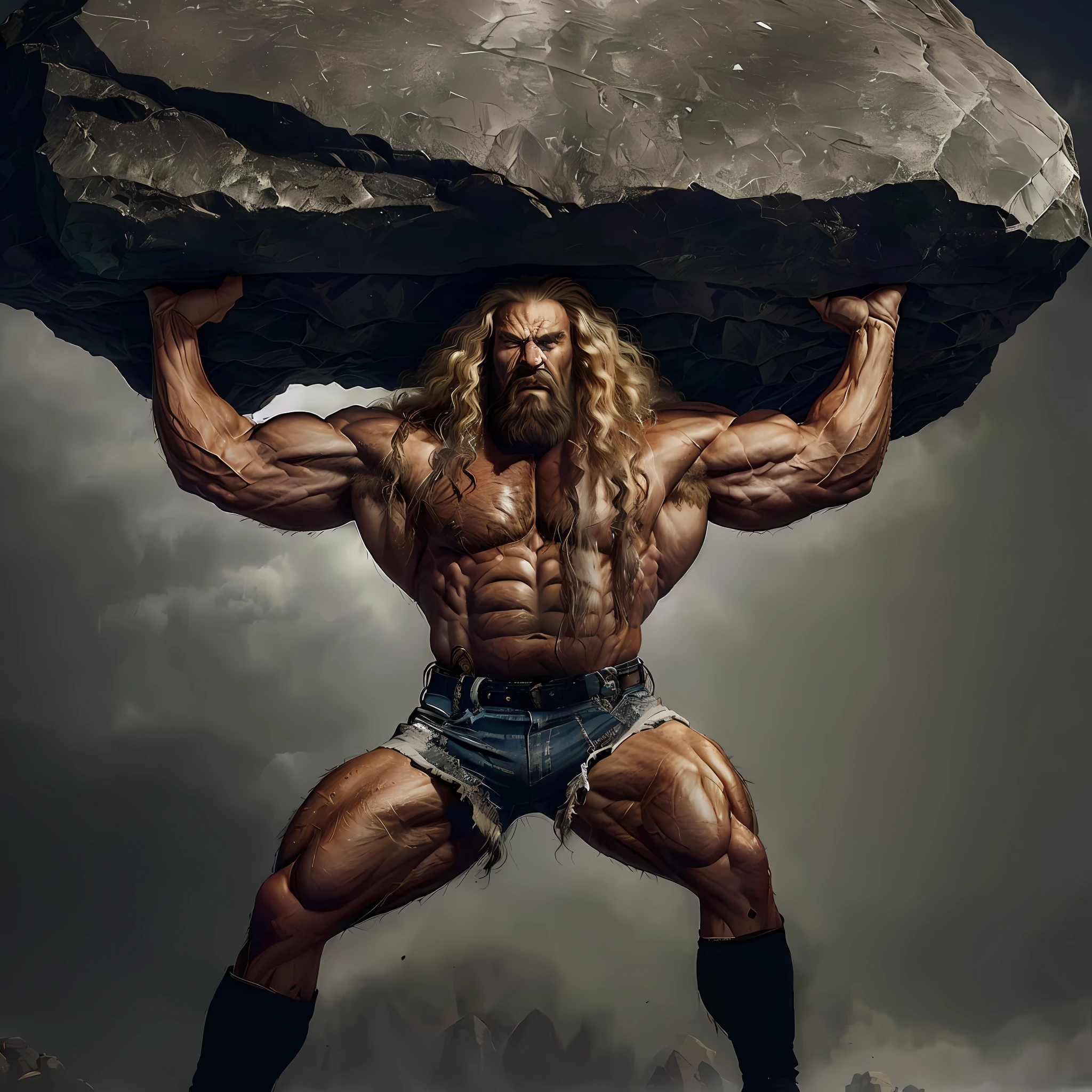 arafed man with long hair holding a large rock, strong and imposing, powerful and huge, extreme muscles, exaggerated physique, incredibly strong and tall, exaggeratedly large physique, large muscles, muscular and terrifying, strong man, massive muscles, absurdly massive physique, mr universe, strong and muscular, big muscle, exaggerated muscle physique, gigachad muscular