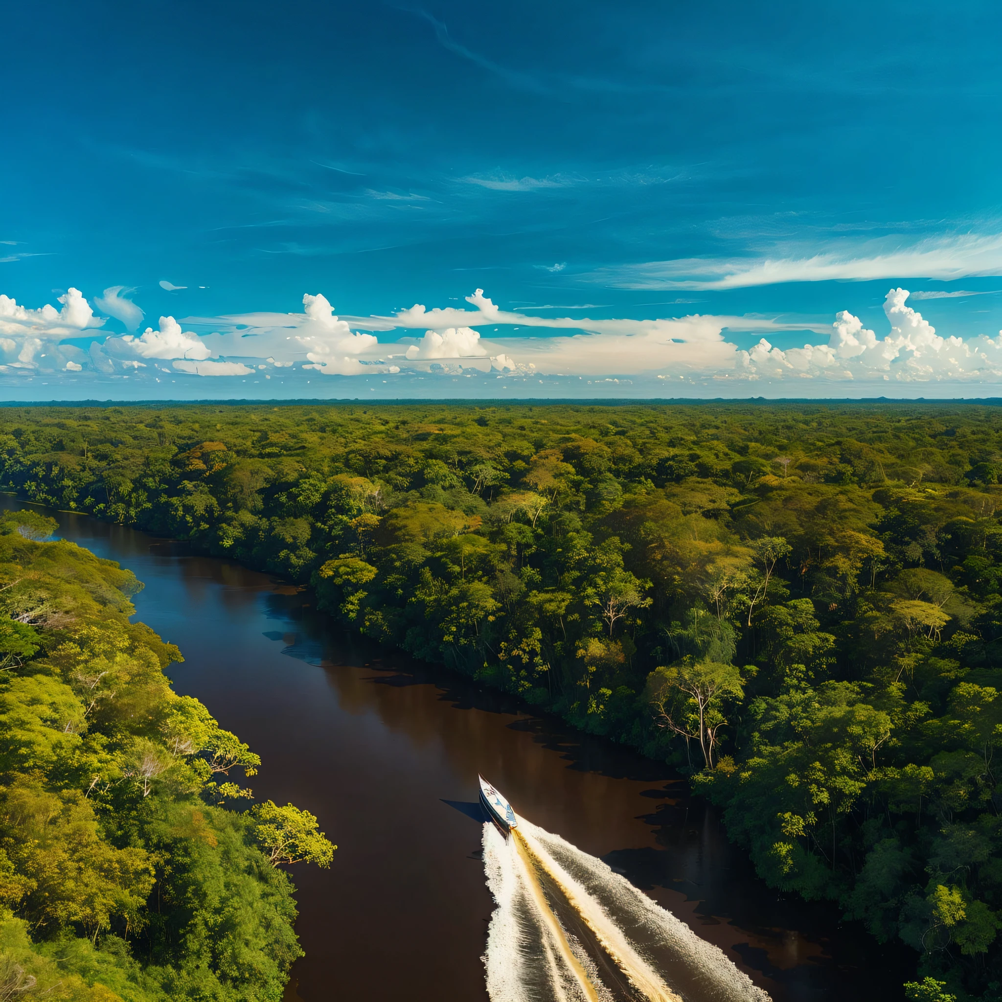 A boat crossing the river in the Amazon rainforest