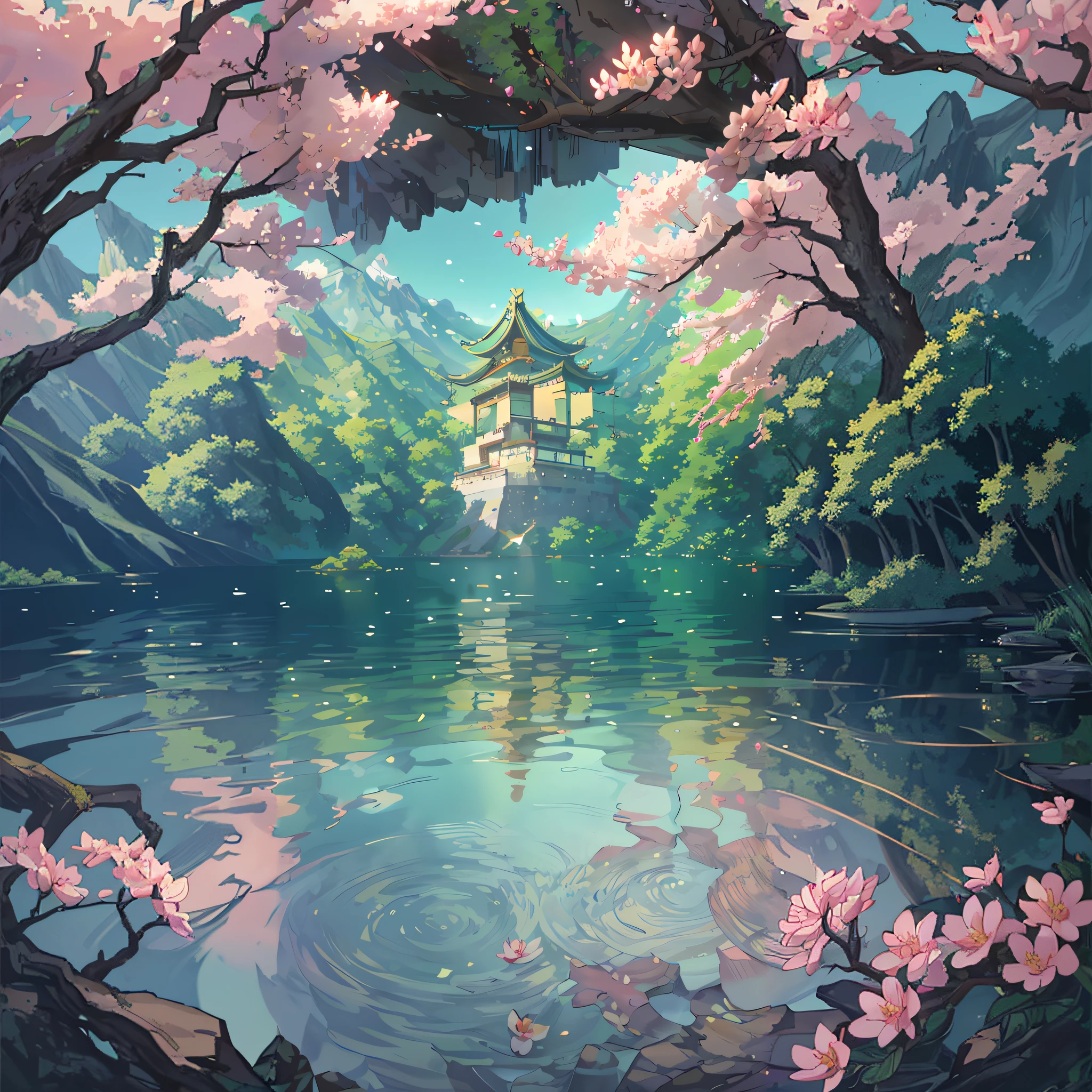 Chinese ancient times, spring, jungle, lake, cave, waterfall, tree, meadow, rock, deer, hot spring, water vapor, (illustration: 1.0), epic composition, realistic lighting, HD details, masterpiece, best quality, (very detailed CG unified 8k wallpaper)