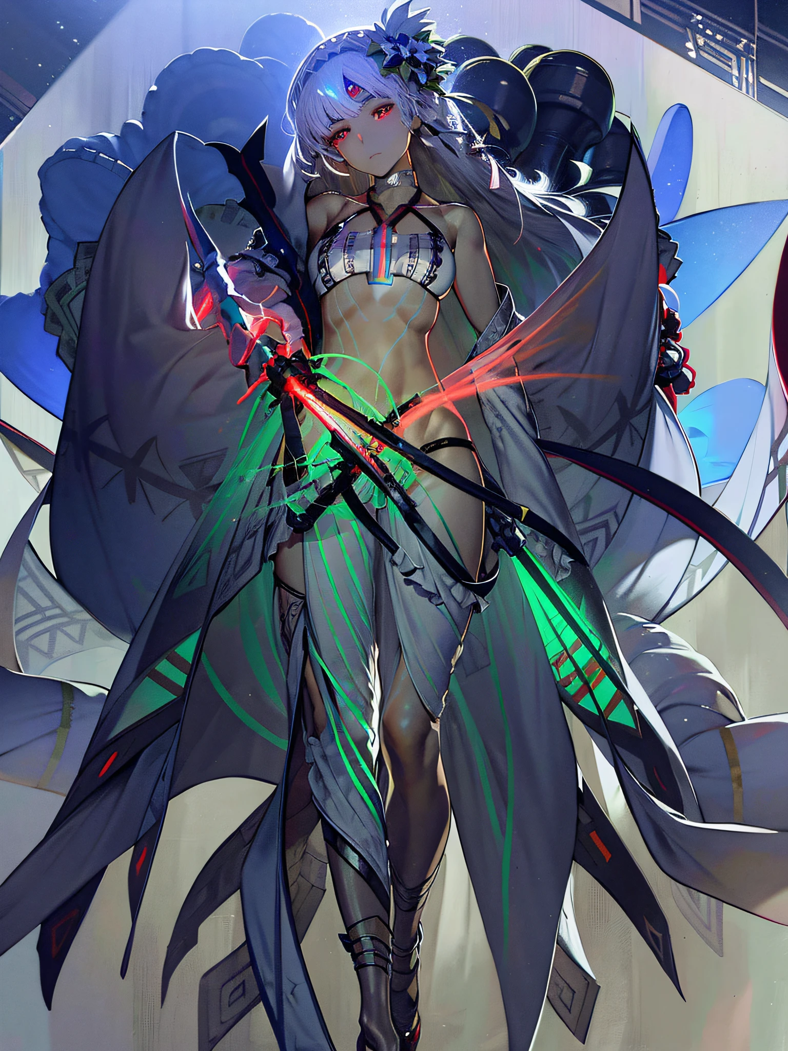 (intenseglare), Altera(Fate Grand Order), brown skin, glowing_eyes,master piece, best quality, official art, 8k wallpaper, highly detailed, illustration, beautiful eyes,soft smile, ink wash painting,small breasts, 1 girl, full body, realistic,red eyes, back focus