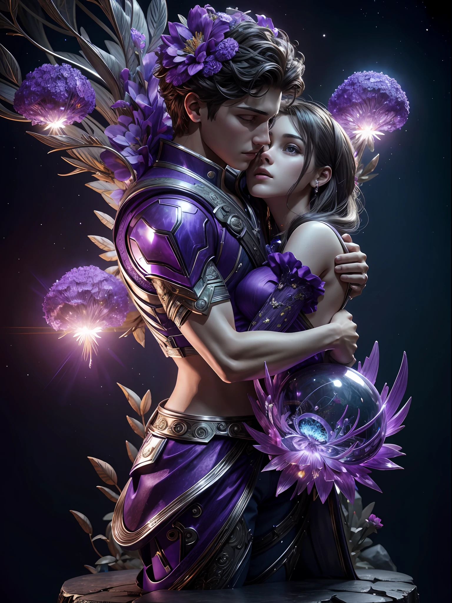 Incredible and spectacular scenes, ((high quality)), ((detailed)), ((fantasy)), "purple plasma brain, purple plasma body, realistic, best quality, 4K, flowers trapped in blisters at the top realistic, (handsome teenager and beautiful girl hugging), full body portrait", image quality (3D rendering effect) , exquisite details,