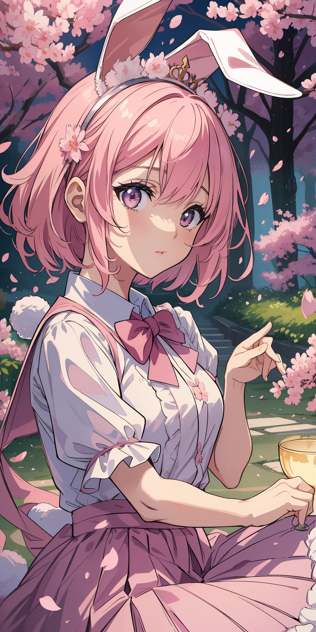 (best quality anime masterpiece:1.2), (best lighting), (extremely detailed 8k CG unit wallpaper), [0.8], (scenery Sakura trees, falling petals), [0.7], (cinematic lighting), [0.3], (1girl) beautiful with pink short hair, (extremely detailed, beautiful eyes, well illustrated), wearing school uniform, (wearing a cute rabbit tiara), [0.2], [Niji:5.1], [anime:1.3]