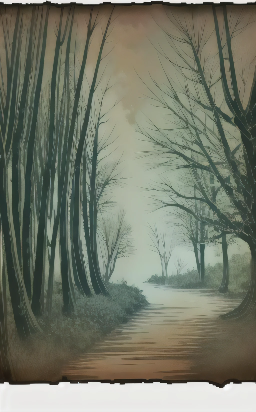 a girl 21 yo in green cloack with blue eyes and red hair twintails standing in painfull pose holding her stomach,shocked and surprised face expression,in a black and dark forest with fog and dusk,high-quality edges,pronounced lines,contrasting shadows,duochrome,