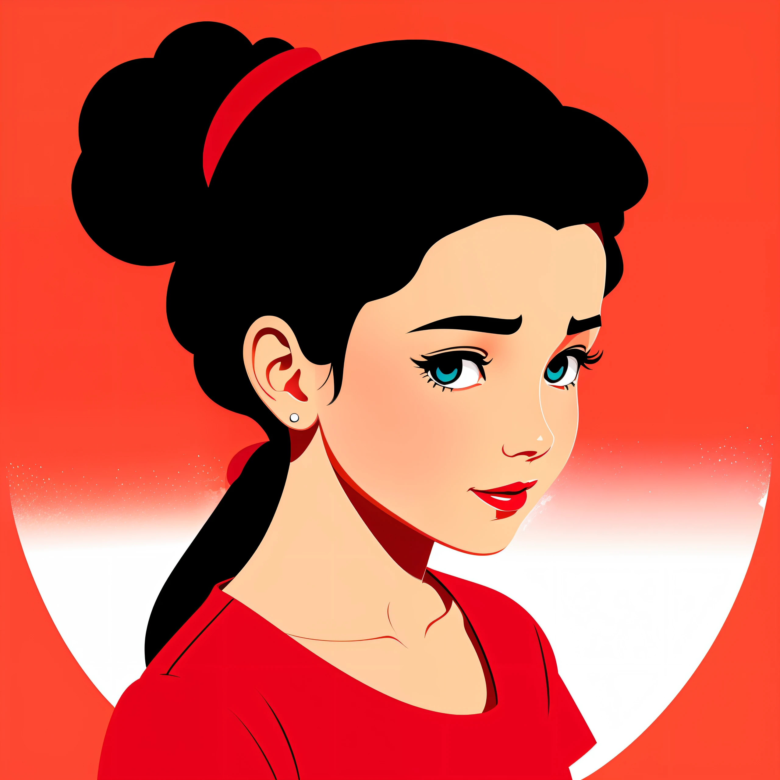 A girl head above the shoulder, Disney style, graffiti art, flat illustration style, minimalist, red background.