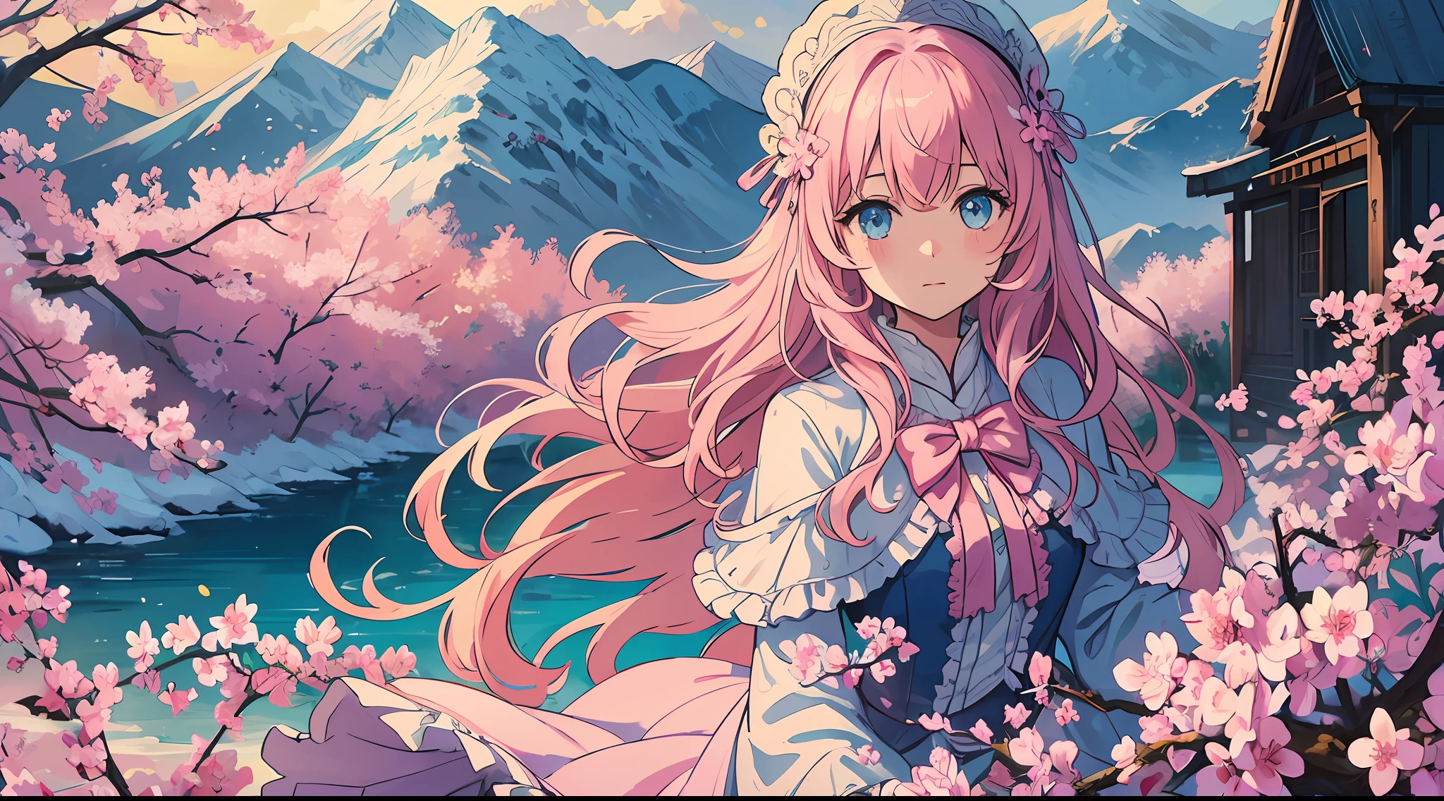 (1girl:1.2), slight blush, hands down, wavy hair, long hair, fluffy hair, pastel pink hair, icy blue eyes, sakura tree, hair flower, capelet, lace trim, lace, frills, lolita, elegant, bodice, wind, winter, mountain range, mountain sitting near mountain, detailed water, sparkling eyes, light smile, peaceful, winter, extremely detailed, depth of field, cinematic lighting, Ghibli-like colours, high detail, scenery, high place, horizon, wind, wind blow, looking at viewer, lolita clothes, 8k, bokeh, award winning, (masterpiece:1.2), best quality, anatomically correct, perfect hands