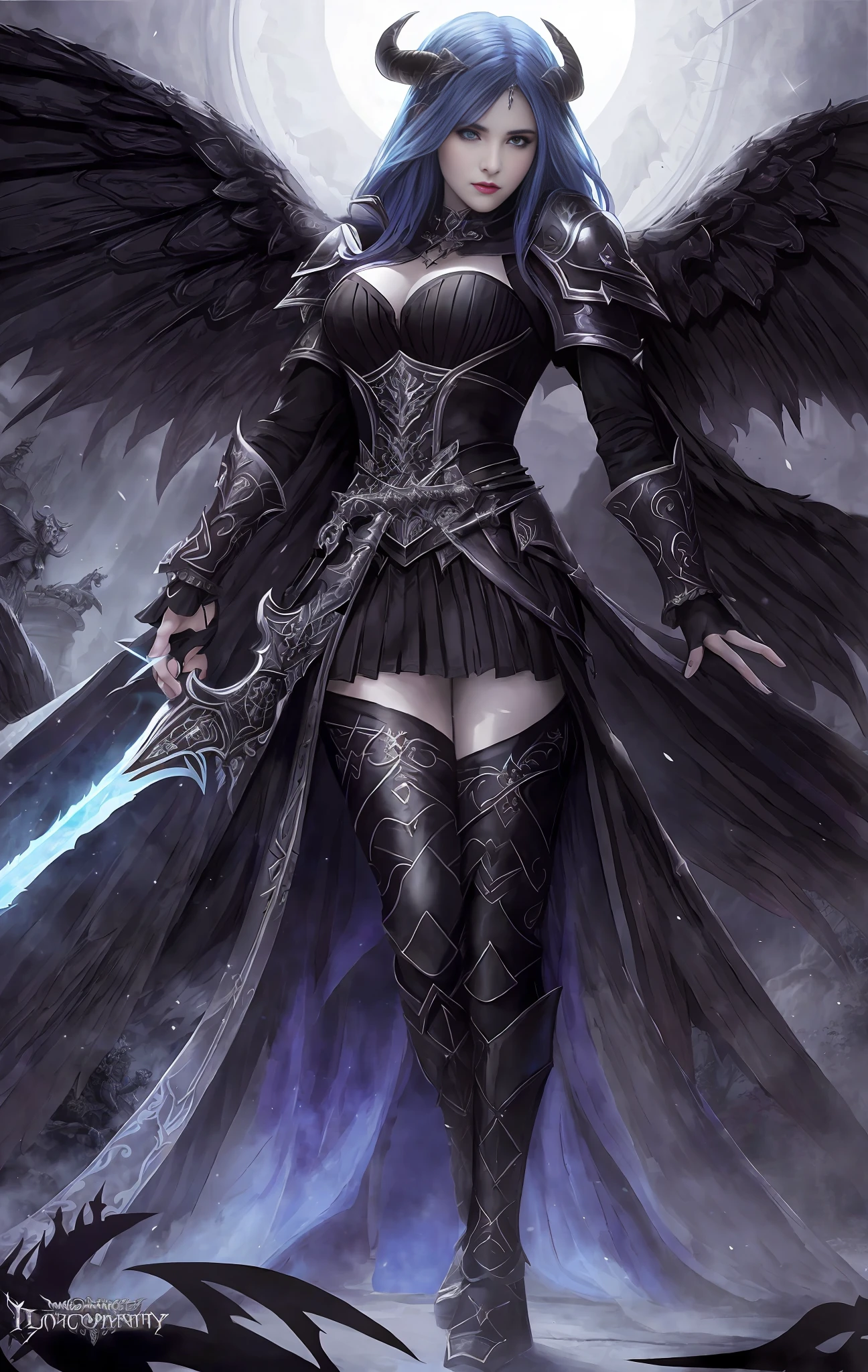 a black and white drawing of a woman with wings holding two swords, detailed grip, detailed sword angel knight girl goth, angel of death, angel of death, highly detailed dark art, dark angel, in the style of anne stokes, the angel of death with a halo, inspired by Anne Stokes, goddess of death, female female vampire winged crow, dark art fantasy, cute gothic x-ray angel beautiful female warrior, female sorceress portrait, noble woman in ornate armor, blue hair,epic fantasy art style, epic fantasy art portrait, magali villeneuve', detailed realistic, full hd, cinematic, fine details, 8k,epic fantasy art style, amazing mmorpg, d & d fantasy digital art, fantasy mmorpg, epic fantasy digital art style, d & d warcraft dragon age, epic fantasy style art, d & d fantasy digital painting, epic rpg art, mmorpg, epic fantasy game art, hdcinematic epic fantasy art style,((masterpiece)),(((best quality)),((character design sheet, same character, front, side, back)), illustration, 1 girl, long hair, hair in the eyes, beautiful eyes, environment Scene change, pose too, female demon, horns, holds a spear, charturnbetalora, (single background, white background: 1.3) , --auto --s2