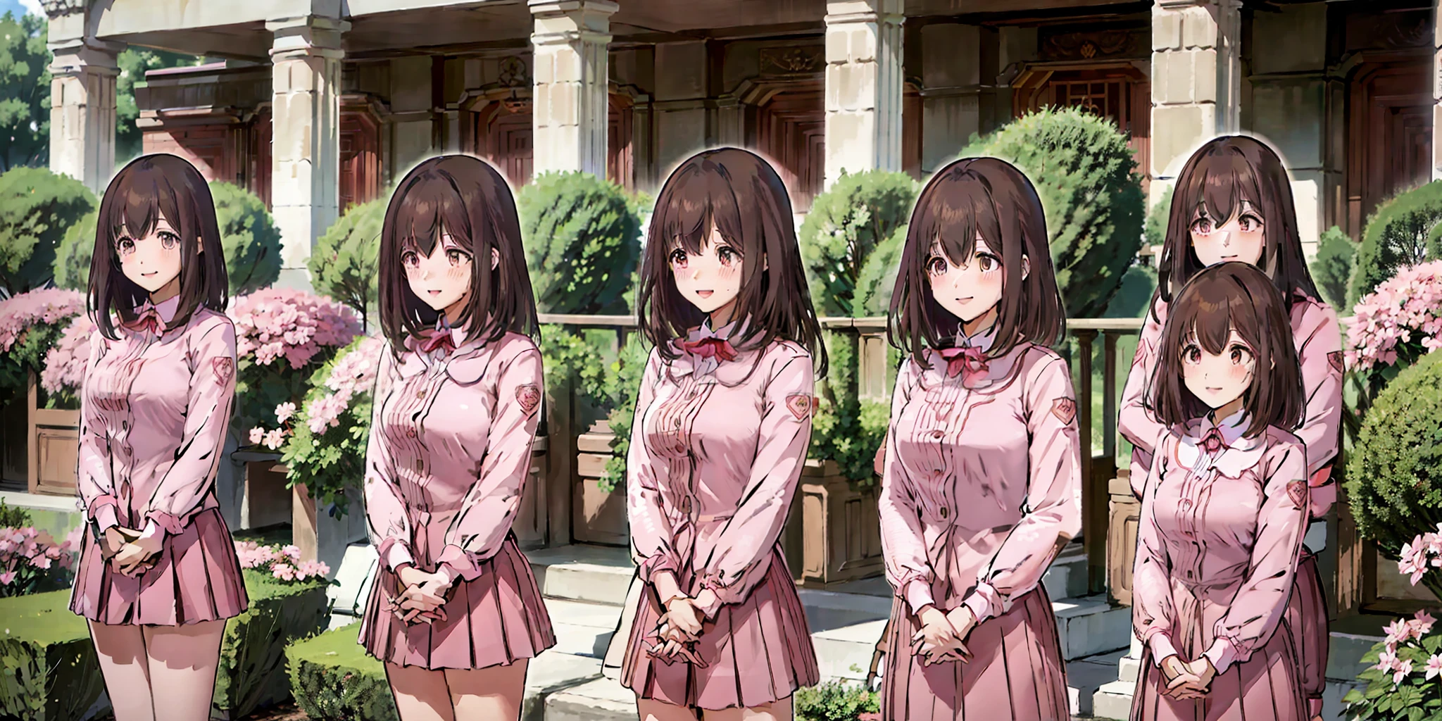 perfect anime illustration, multiple girls, thousands of girls, millions of girls, clones, identical sisters, neat rows of sisters, neat columns of sisters, sisters standing in formation, sisters in background, brown hair, curly hair, matching hairstyle, hazel eyes, smiling, ((matching outfits, pink uniform)), matching hairstyles, white background, highres, full body, pose