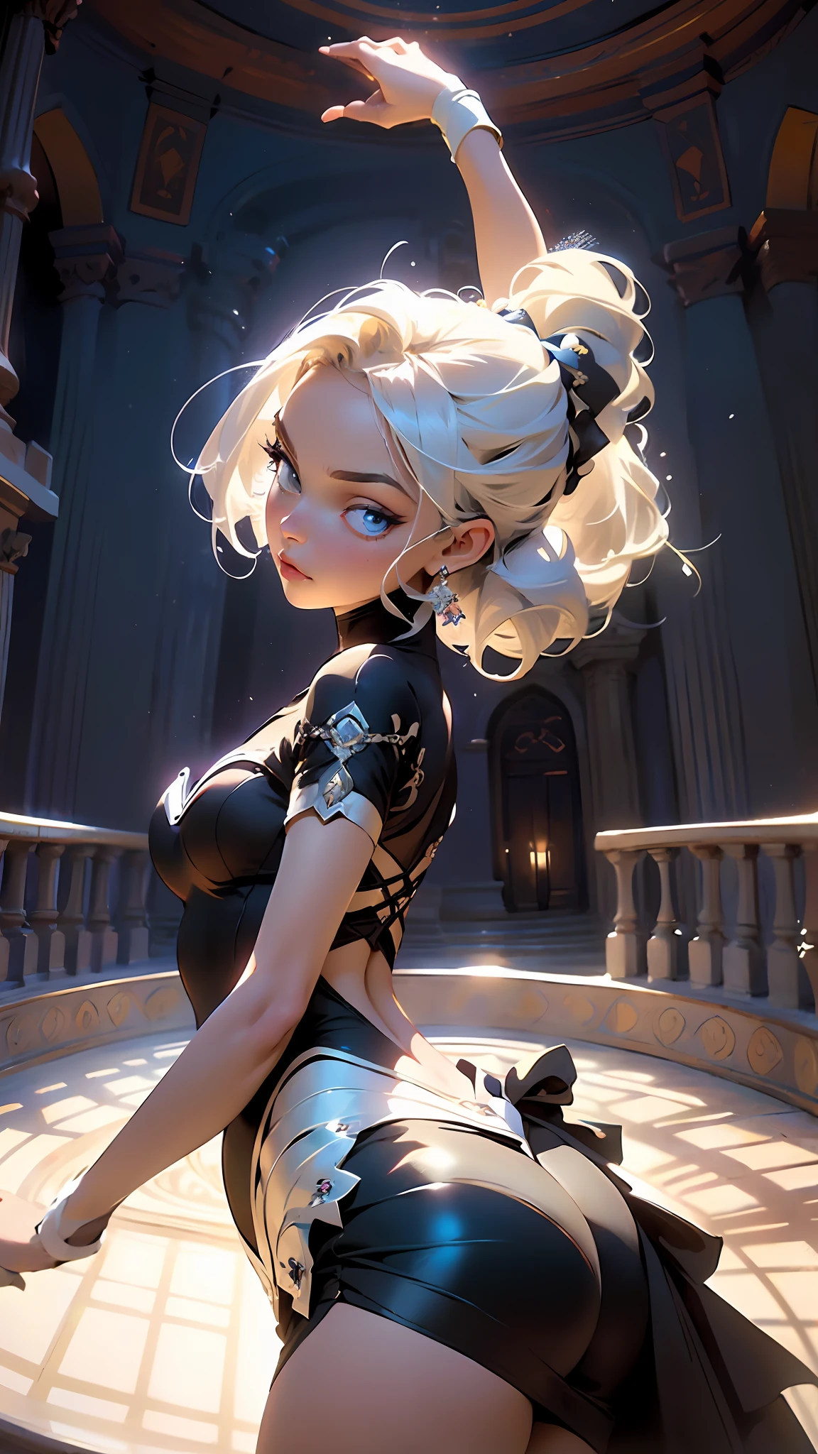 1girl, beautiful detailed face and eyes, white hair, ballerina, arabesque, minimalism, side view, dark blue background, simple background, fisheye, masterpiece, highest quality, highest quality, official art, beautiful and aesthetic, animation, lift ass, colorful ballerina outfit, dynamic poses, LOOKING THE OTHER WAY