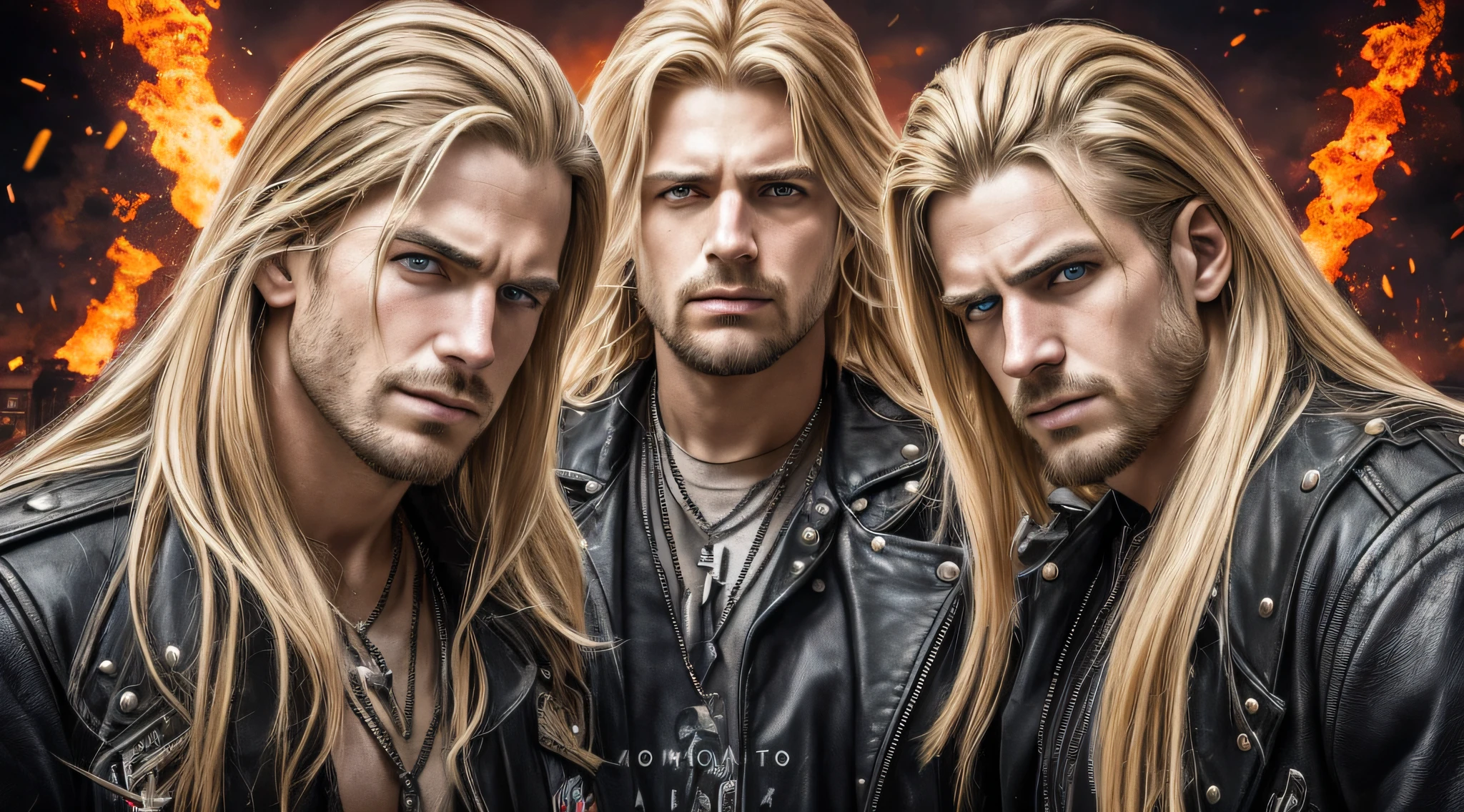 best quality, ultra high resolution, (photorealistic: 1.4), THREE men LONG BLONDE HAIR, a closeup .leather jackets, destruction, heavy metal band promotion, 4k destruction, devastation, destructive, total destruction, smoke and destruction, official art, destruction around you, desolation, demolition, heavy rock band promo photo, city destruction, thrash metal, distortion, massive destruction,  destroyed, detonation, robot destruction, cosmic destruction