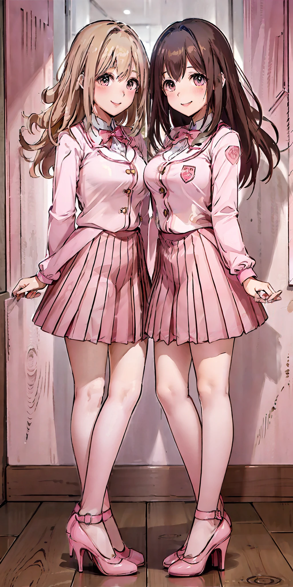 perfect anime illustration, 2girls, twin sisters, identical sisters, blonde hair, (1 blonde girl), curly hair, matching hairstyle, hazel eyes, smiling, ((matching outfits, pink uniform, high heels)), matching hairstyles, white background, highres, full body, pose