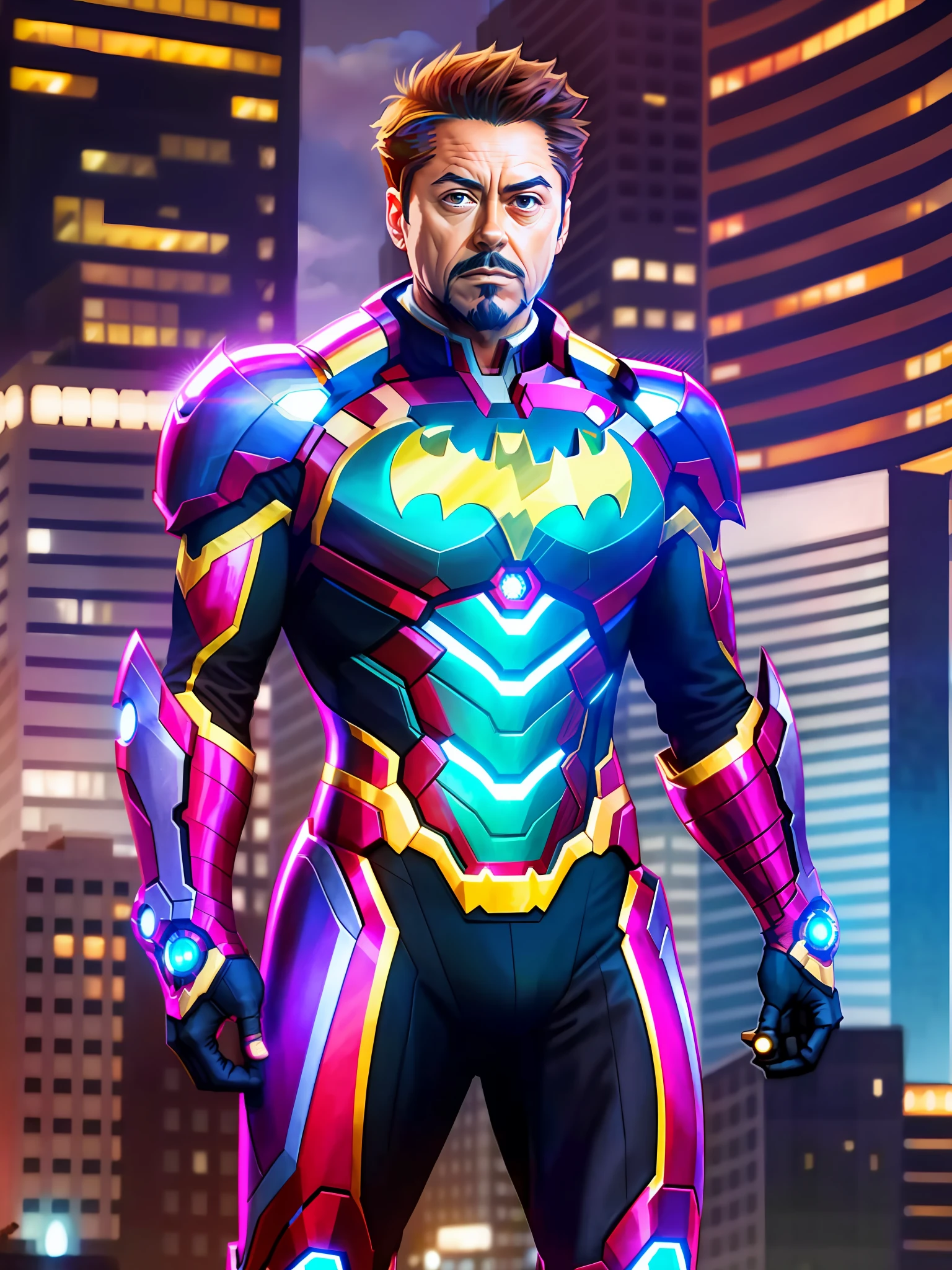 Tony stark with Batman cosplay, no mask, realistic, 8k, full body