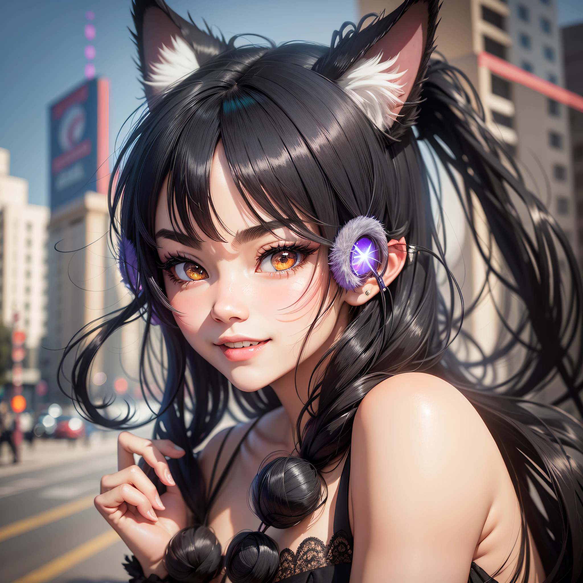 black hair, hair bobbles, wince, longeyelashes, solid circle eyes, fake animal ears, light smile, ear blush, fang, Surrealism, drop shadow, anaglyph, stereogram, tachi-e, pov, atmospheric perspective, super detail, ccurate, best quality