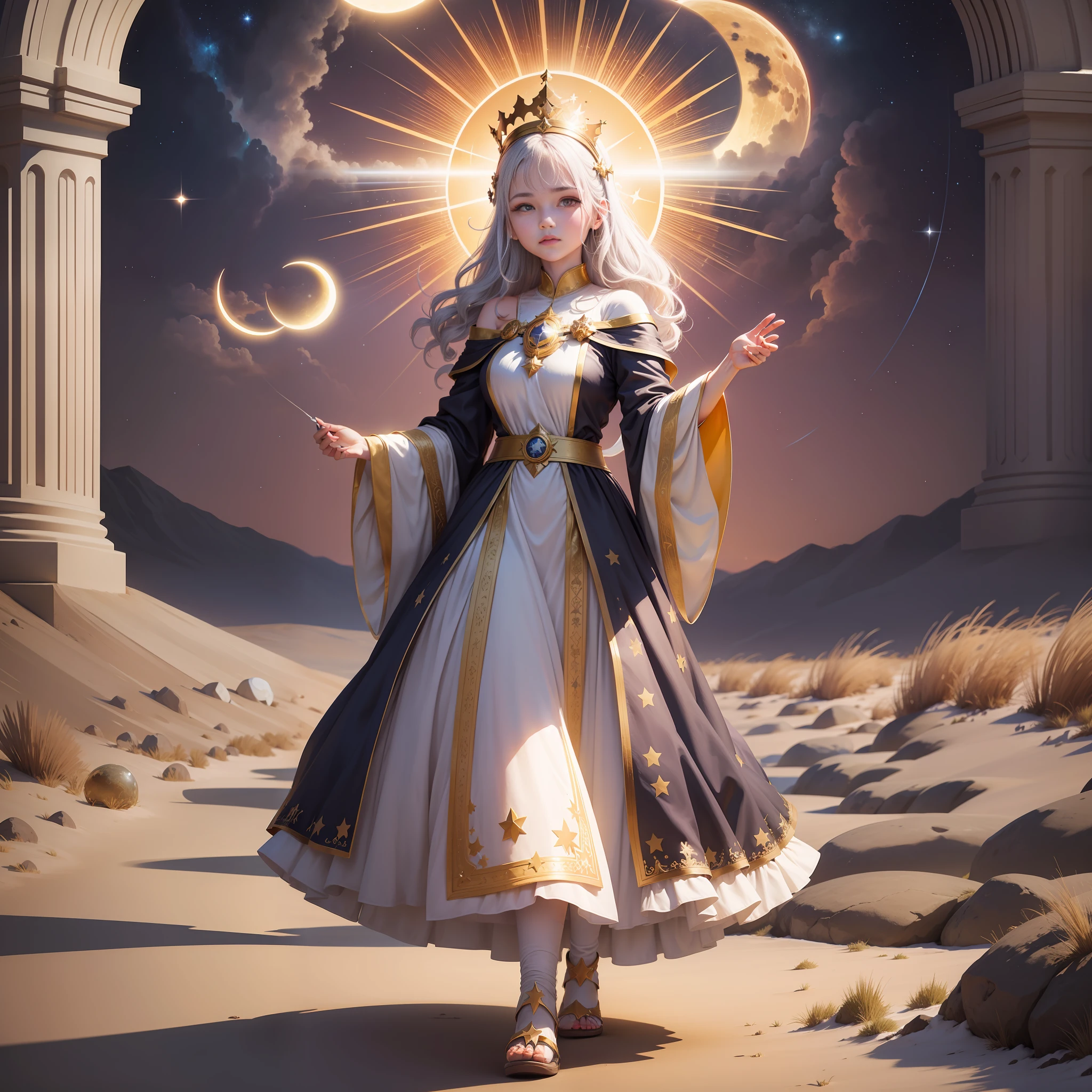 Create a strolled image in the narrative saw a great sign in the sky: a woman clothed with the sun, with the moon under her feet and a crown of twelve stars on her head.