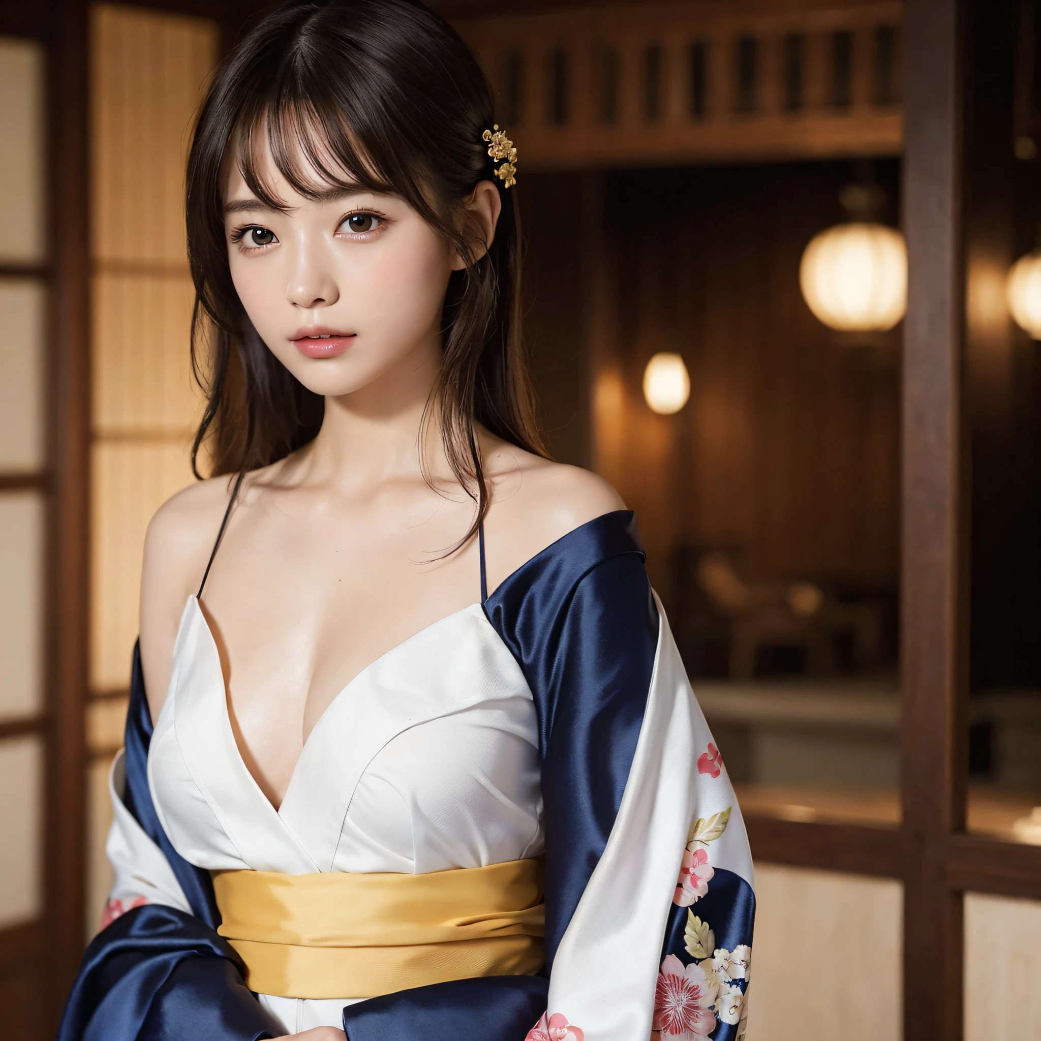 (1 Girl: 1.3),Solo,__body-parts__, Official Art, Unity 16k Wallpaper, Chest Opens Kimono shifts and shoulders are visible, super detailed, beautiful and aesthetic, beautiful, masterpiece, top quality, kimono, silk robe, origami spell, elegance, disheveled, bust top, kimono up to the waist, hiding breasts with hands