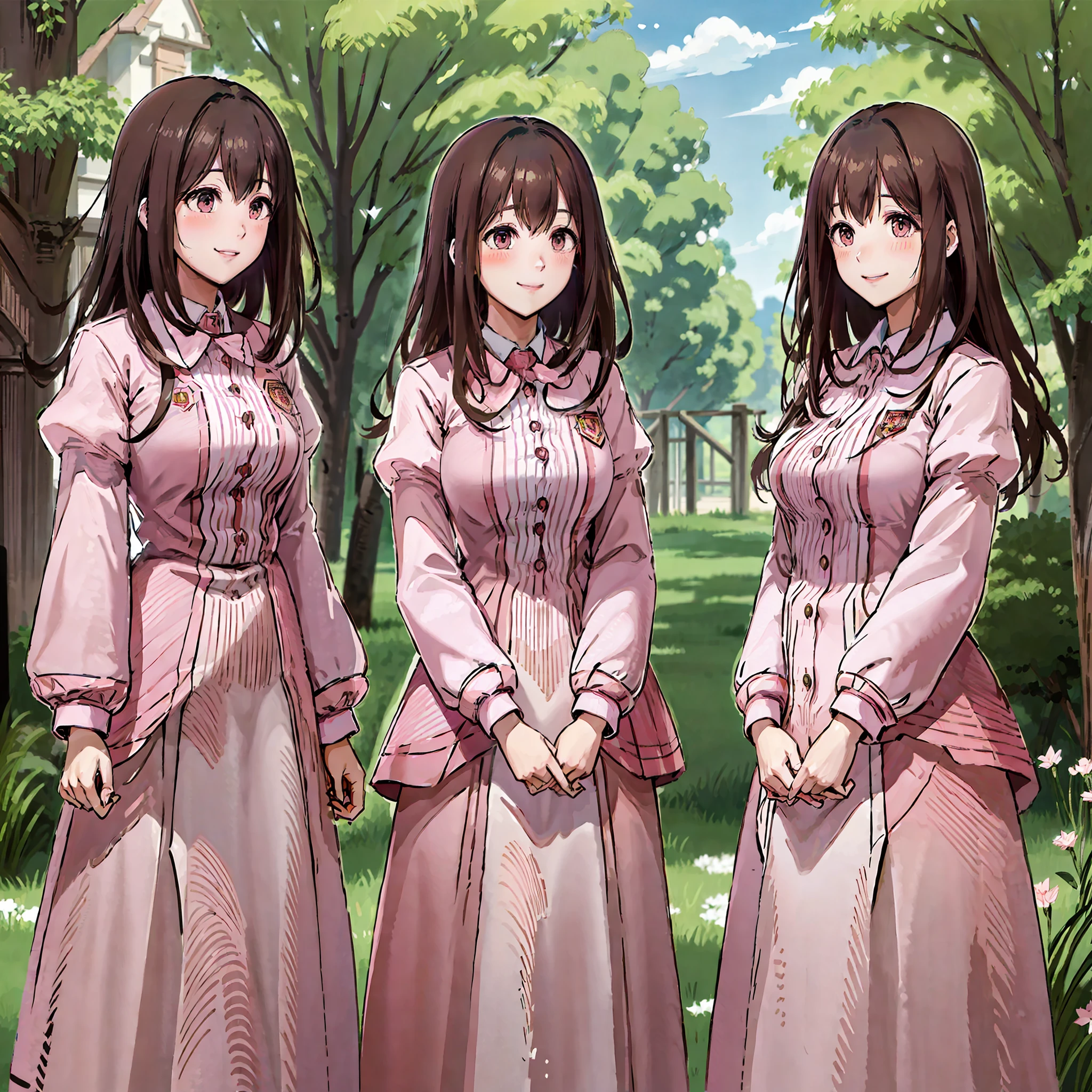 perfect anime illustration, multiple girls, thousands of girls, millions of girls, clones, identical sisters, neat rows of sisters, neat columns of sisters, sisters standing in formation, sisters in background, brown hair, curly hair, matching hairstyle, hazel eyes, smiling, ((matching outfits, pink uniform)), matching hairstyles, white background, highres, full body, pose