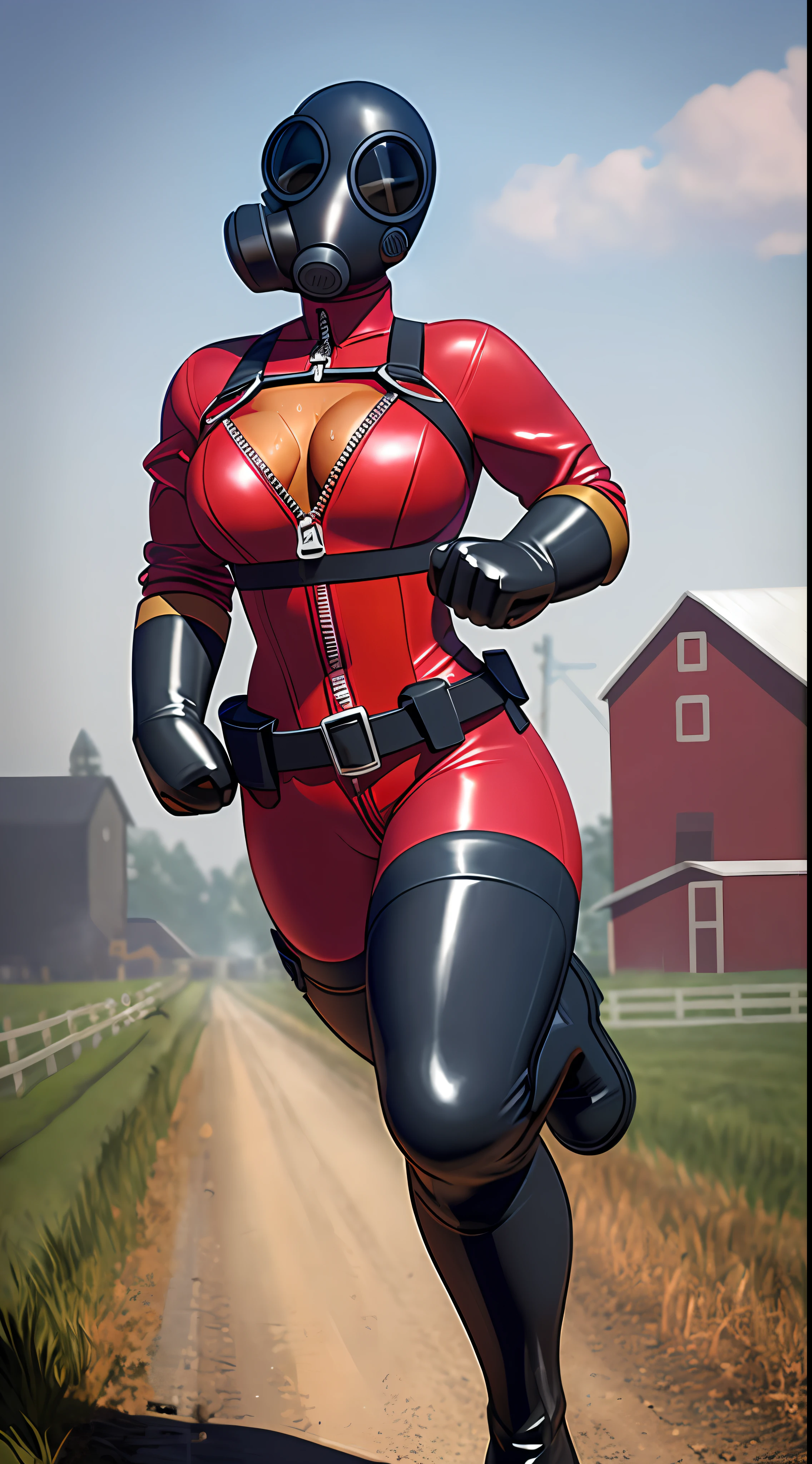 1girl, solo, gas mask, mask, gloves, thighhighs, belt, harness, boots, red bodysuit, skin tight, zipper, pose, high detail, high resolution, raw photo, outside on farm, cleavage, (running), hot, breath, sweat