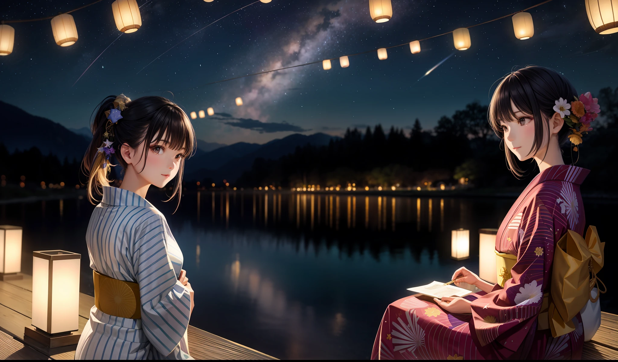 beauty, 25 years old, countryside, yukata, night, starry sky, lantern streaming, river,