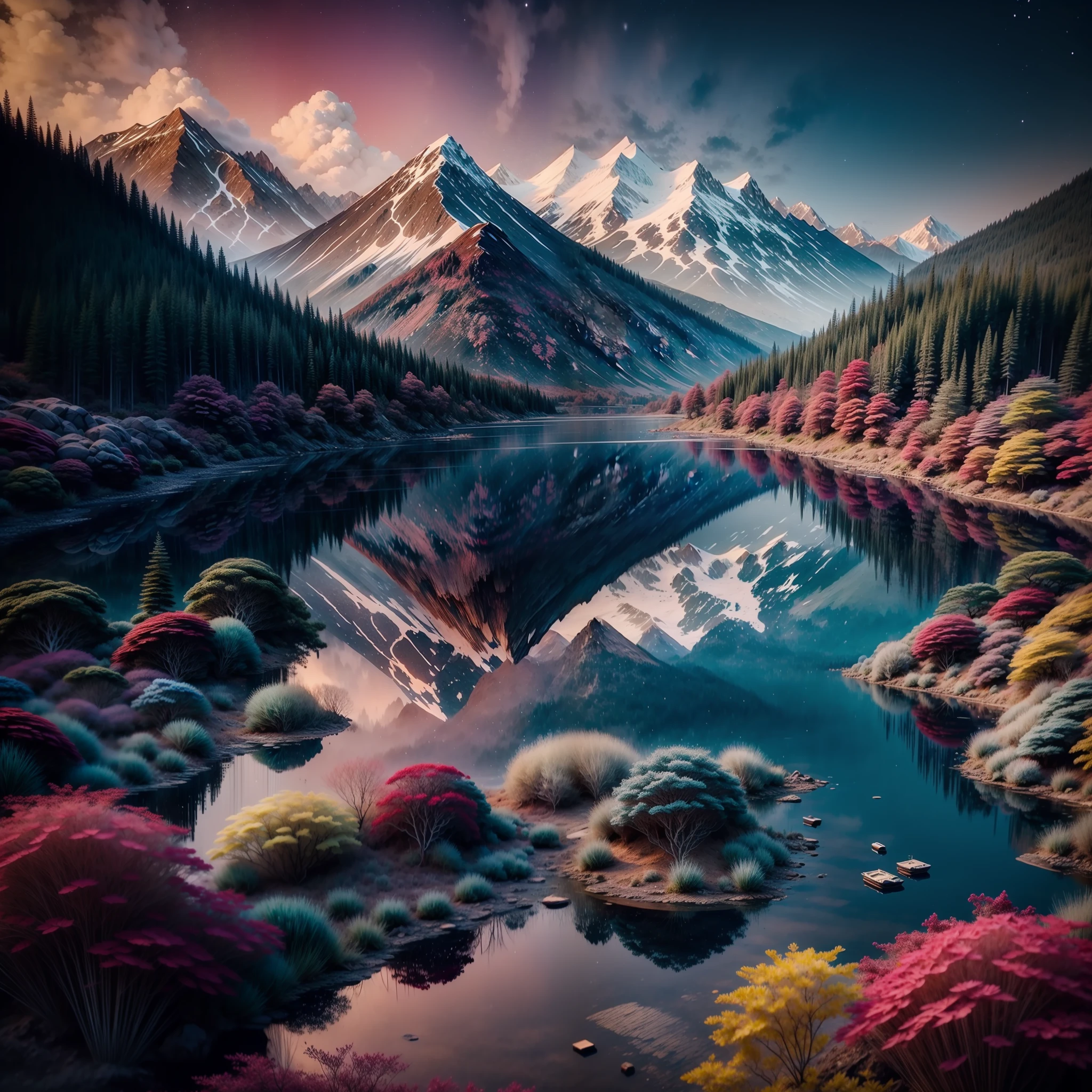 A place with hills and a magical lake with blue and red colors, strong colors, octane render