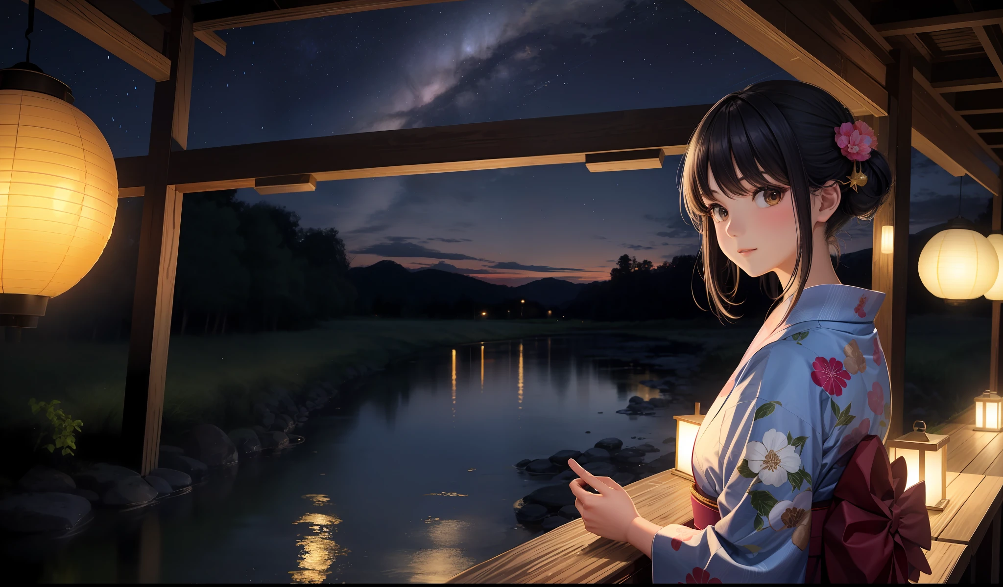 beauty, 25 years old, countryside, yukata, night, starry sky, lantern streaming, river,