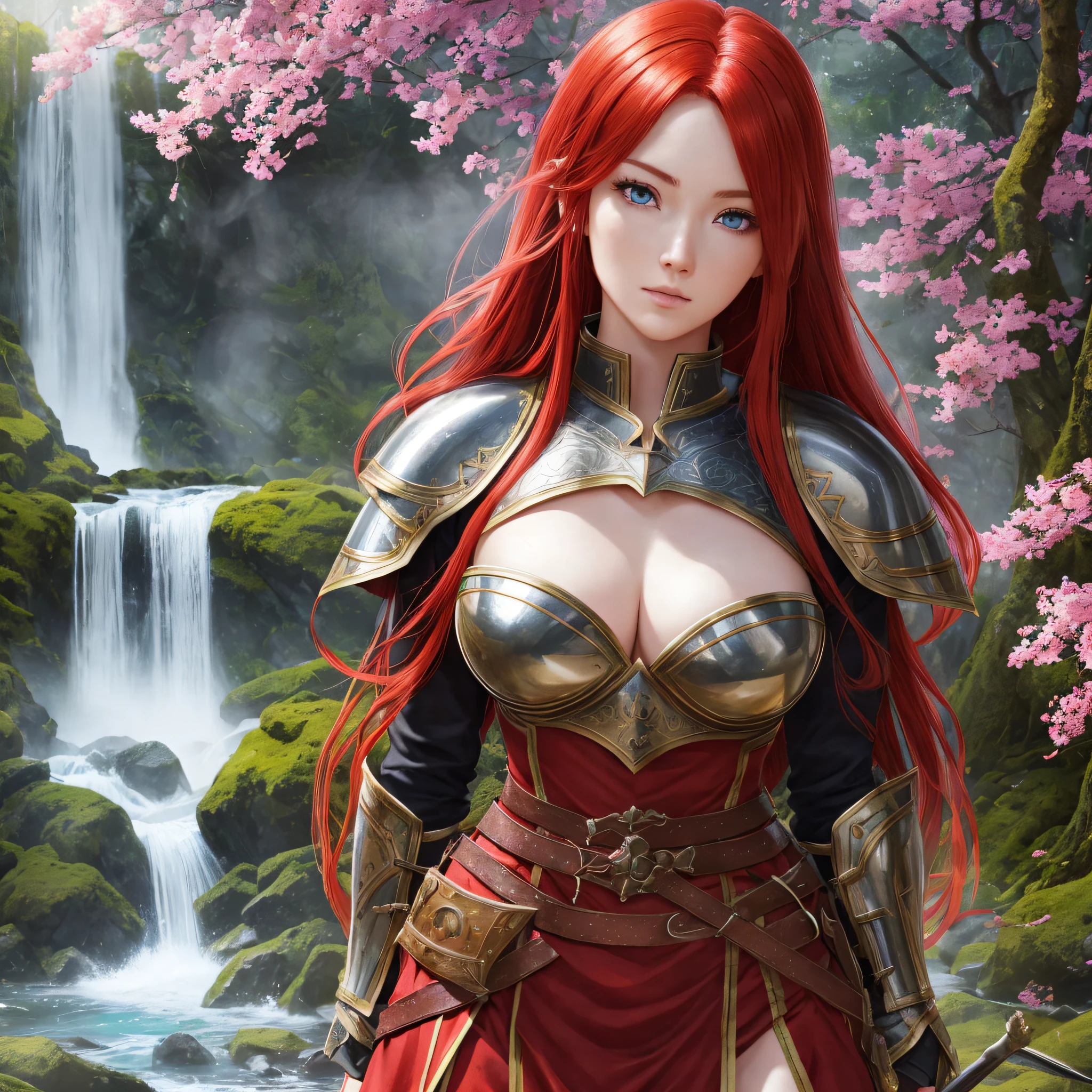 A warrior of two red-haired swords in the forest looking for her enemy blue eyes, armor mixed with medieval clothing, on the side of an ultra realistic waterfall, full of realistic flowers, ultra realistic eye, realistic armauda, realistic skin, ultra realistic arm, red mouth, realistic ultra realistic hair, ray tracing in armor, ultra realistic hair, ulzzang-6500-v1.1, (Rough photo: 1.2), (photorealistic: 1.4), CG, 8k wallpaper, amazing, fine detail, masterpiece, best quality, very detailed CG, long red hair, side splits, (large breasts), (no panties)), global lighting --auto --s2