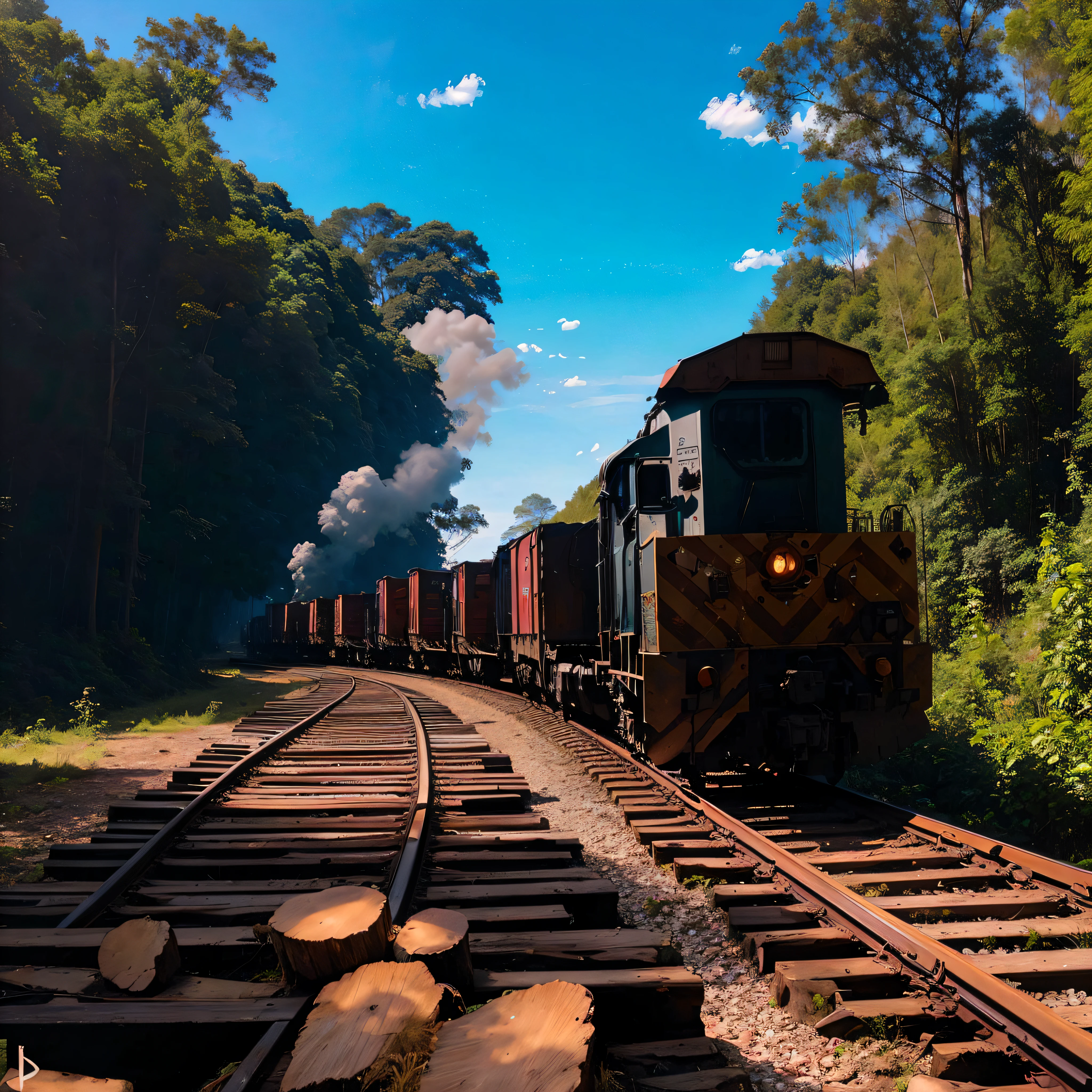 a freight train passing through the middle of the forest on solr day