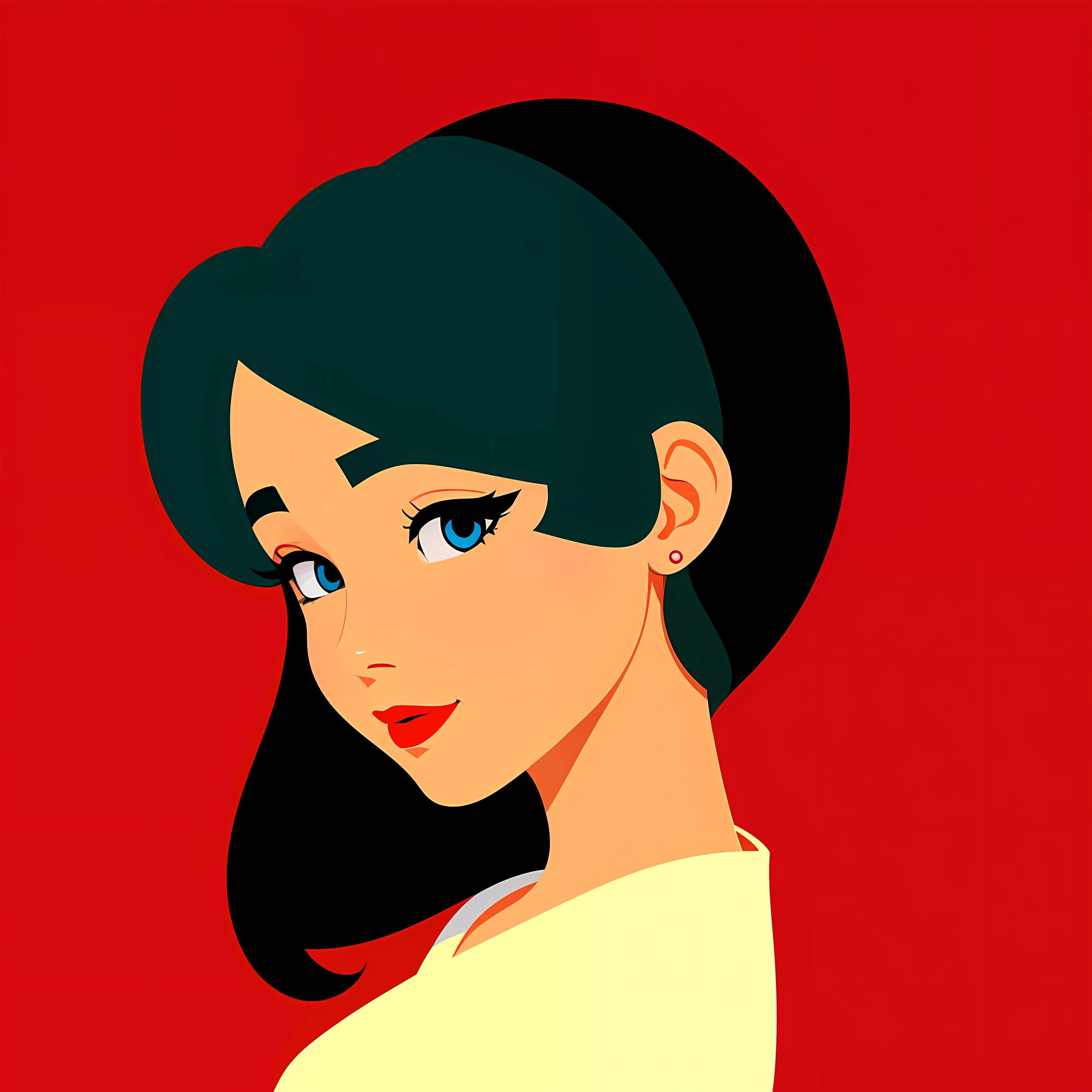 A girl head above the shoulder, Disney style, graffiti art, flat illustration style, minimalist, red background.