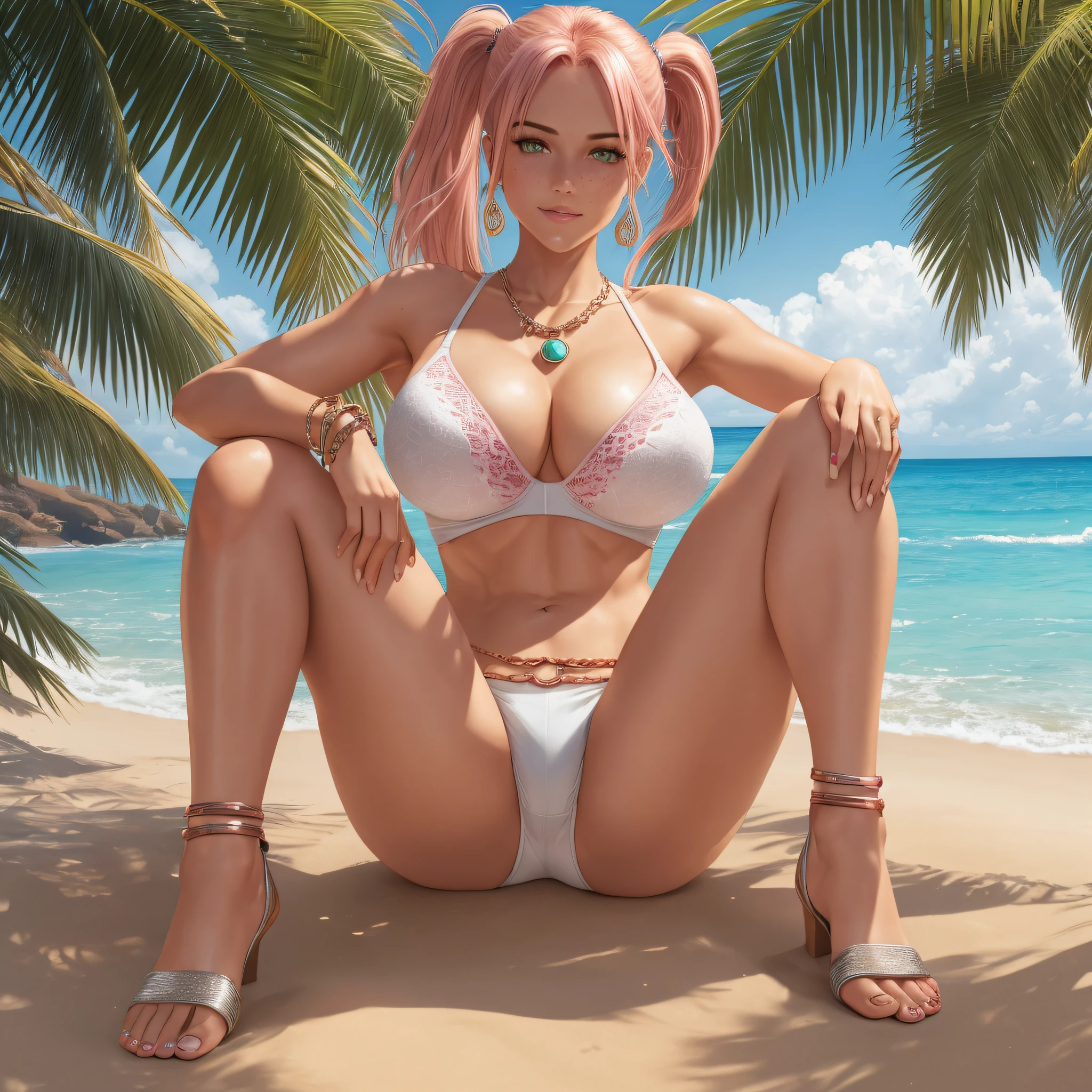 (Best quality, 4k, Masterpiece :1.3), beautiful woman, hyper realistic, 1girl, (droopy breasts, attractive body :1.2), sit-ups :1.1, straight pink hair ponytail with bangs :1.1, ultra-detailed face, detailed lips, detailed eyes, double eyelid, open neckline, hanging breasts, side pose, visible curves, on the beach, short and tight white shorts, muscular turned leg, large breasts, green eyes,  orange necklace on the feet, open sky with sun, smiling, big ass, standing on his back looking back, show more ass, hands on the ass, freckles on the face, freckles on the ass, crossed legs, short and tight orange bra, big white angel wings on the back, silver bracelets on the arms, copper necklace shaped like balls,  pink lips, pink nails, show more feet, detailed feet --auto --s2