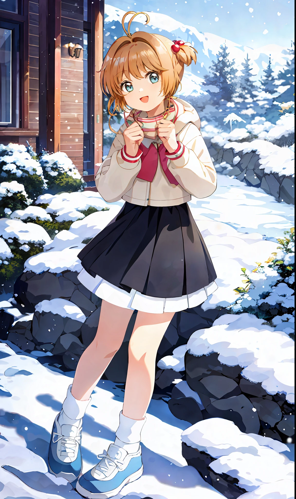 masterpiece, best quality, 1girl, solo, sakura, dressed in winter clothes, socks, two sides up, snowing a lot