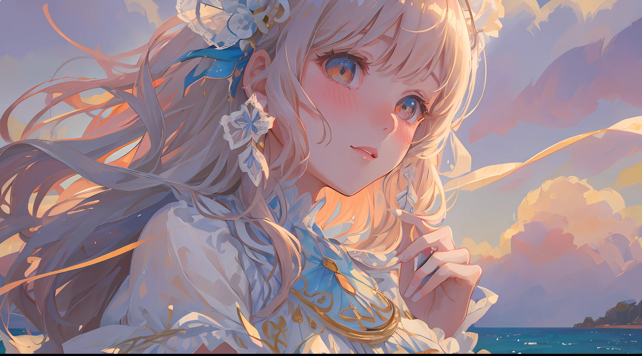 (1girl:1.2), slight blush, wavy hair, fluffy hair, pastel hair, capelet, lace trim, lace, frills, ta, elegant, bodice, detailed water, light smile, peaceful, winter, nature, extremely detailed, detailed background, beautiful background, depth of field, cinematic lighting, Ghibli-like colours, high detail, scenery, horizon, wind, wind blow, looking at viewer, lolilothes, 8k, bokeh, award winning, (masterpiece:1.2), best quality, anatomically correct, perfect hands