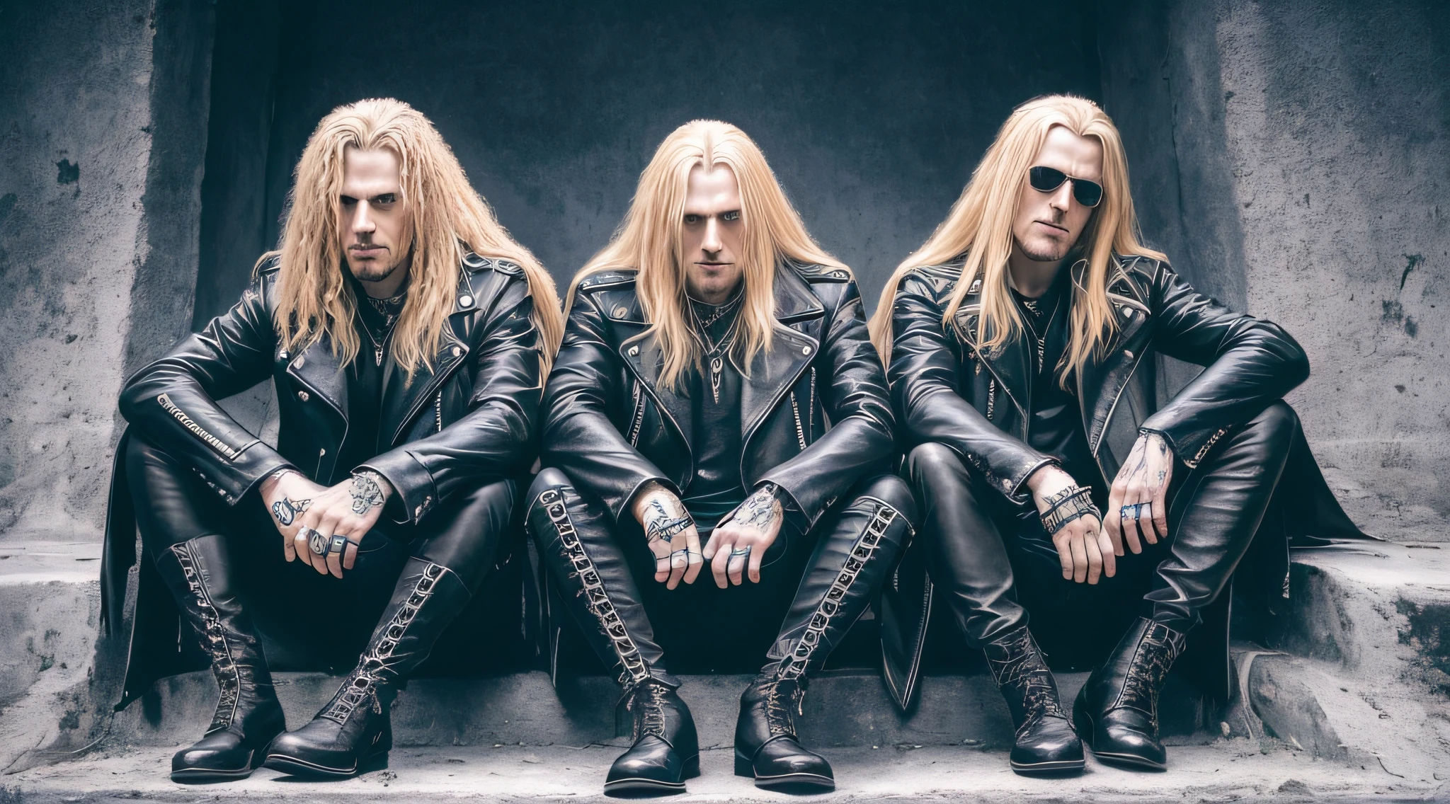 best quality, ultra high resolution, (photorealistic: 1.4), THREE men LONG BLONDE HAIR, a closeup .leather jackets, sitting, heavy metal 1981, new wave of british heavy metal, black metal aesthetic, thrash metal, doom metal, photo documetallism, black metal, rococo black metal, heavy metal style, megadeth, death metal, they sit next to a pile of bones,  Black Metal Style