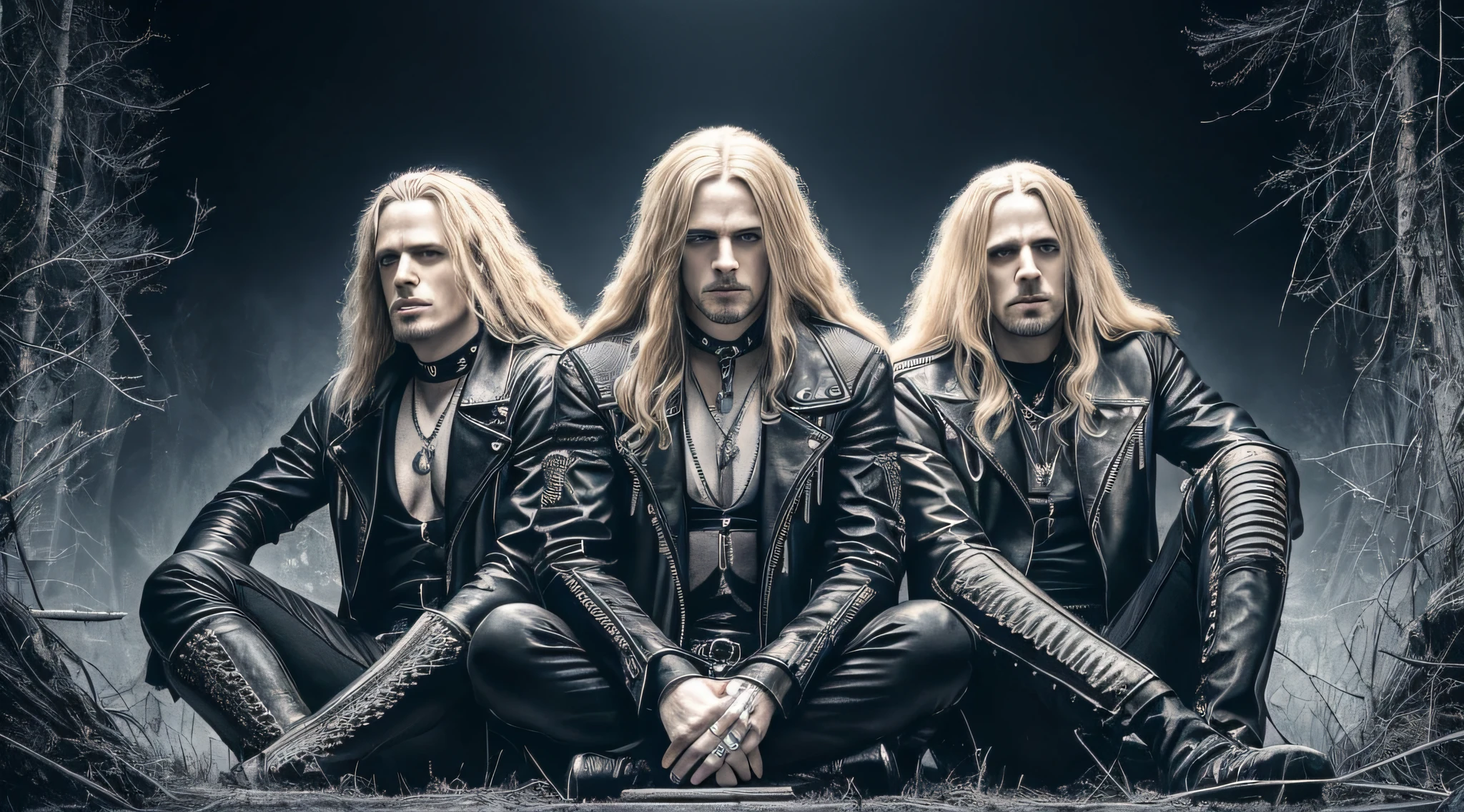 best quality, ultra high resolution, (photorealistic: 1.4), THREE men LONG BLONDE HAIR, a closeup .leather jackets, sitting, heavy metal 1981, new wave of british heavy metal, black metal aesthetic, thrash metal, doom metal, photo documetallism, black metal, rococo black metal, heavy metal style, megadeth, death metal, they sit next to a pile of bones, Black Metal Style