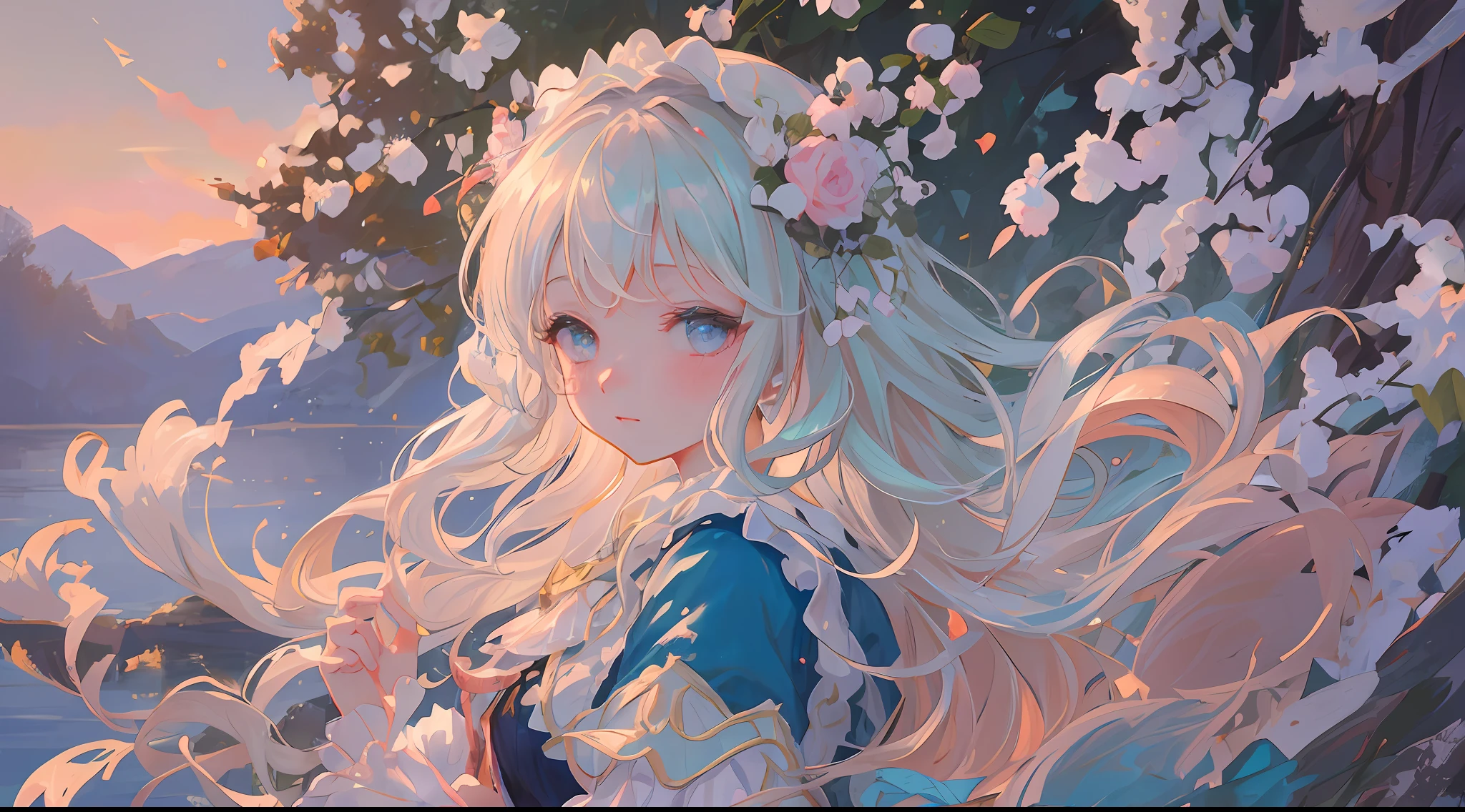 (1girl:1.2), slight blush, wavy hair, fluffy hair, pastel hair, capelet, lace trim, lace, frills, lolita, elegant, bodice, detailed water, light smile, peaceful, winter, nature, extremely detailed, detailed background, beautiful  background, depth of field, cinematic lighting, Ghibli-like colours, high detail, scenery, horizon, wind, wind blow, looking at viewer, lolita clothes, 8k, bokeh, award winning, (masterpiece:1.2), best quality, anatomically correct, perfect hands