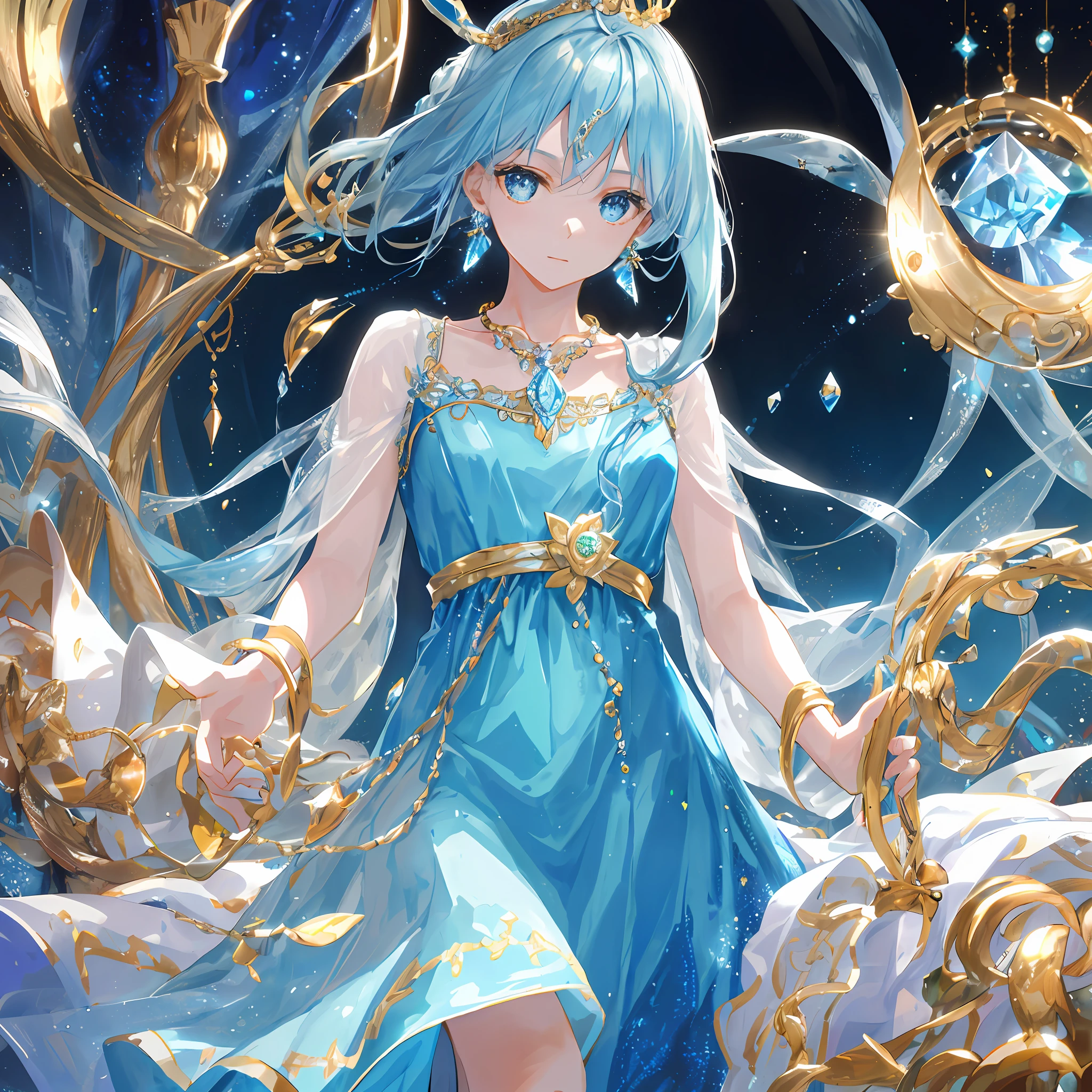 Masterpiece, superb, illustration, saxophone blue, platinum earrings, 1girl, cute, (dynamic light: 1.2), movie light, exquisite facial features, detailed eyes, sharp pupils, realistic pupils, depth of field, background blur, clear focus , (ultra-detailed, halo, glow: 1.4), many small gemstones, a crown woven with golden silk thread is worn in the ice blue hair, the ears behind the hair have pointed ears, the girl has a beautiful face, a pair of The necklace with the blue crystal pendant falls between the collarbone, and below it is the full white . She is wearing a water blue long dress, which is exquisite and gorgeous. The skirt has small pendants in the shape of water droplets made of various gemstones