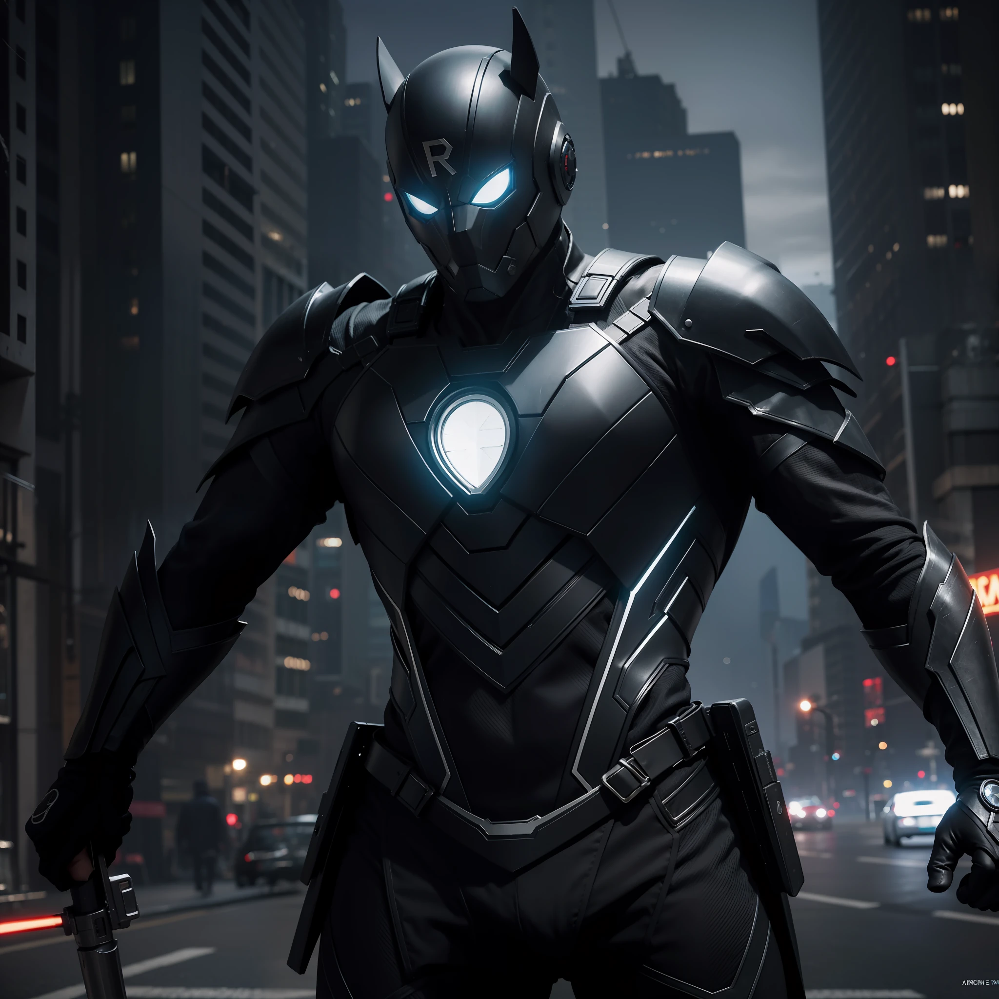 Superhero with dark atmosphere, black suit decorated with silver lines, symbol on chest, weapon in hand, energy, futuristic city, high quality, super detailed