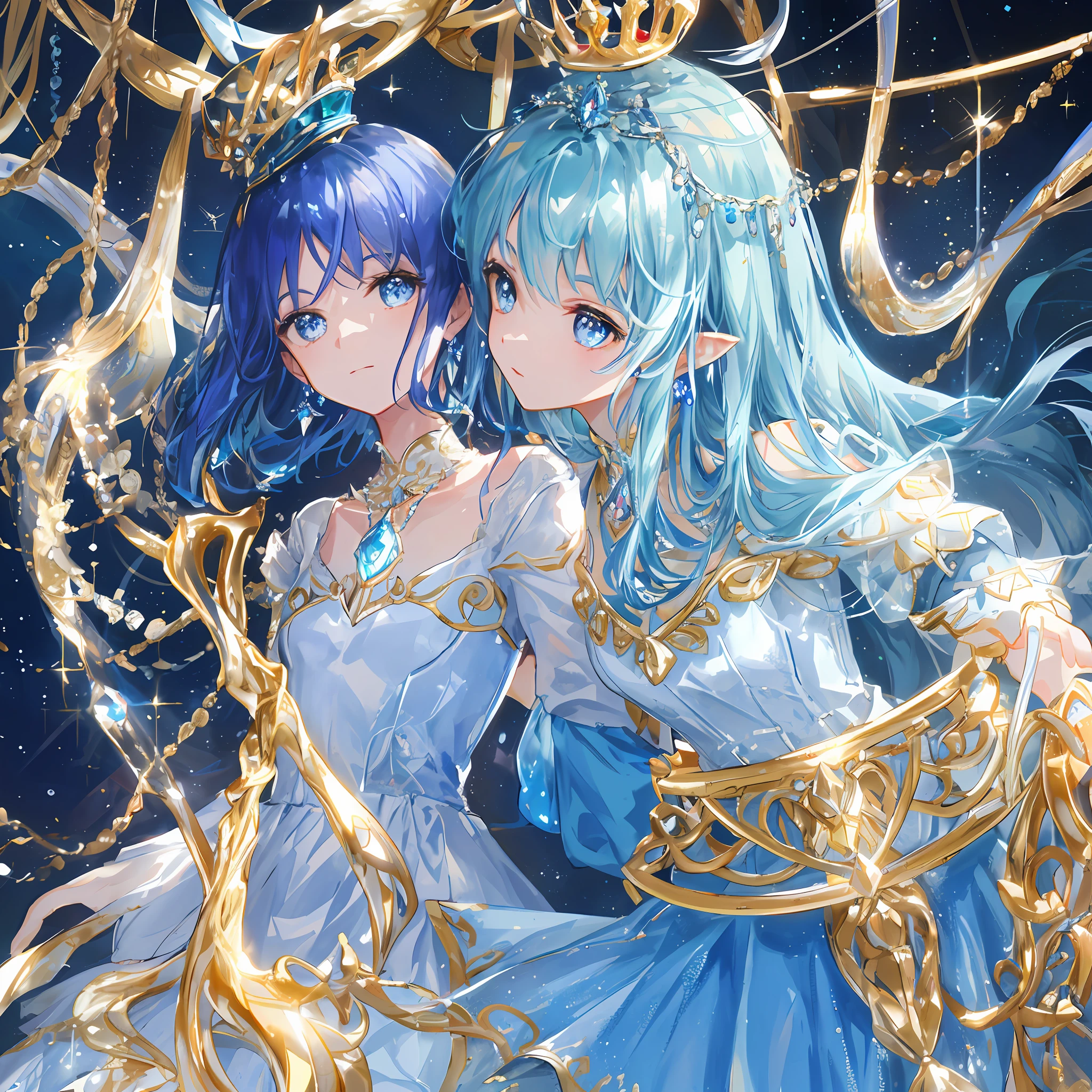 Masterpiece, superb, illustration, saxophone blue, platinum earrings, 1girl, cute, (dynamic light: 1.2), movie light, exquisite facial features, detailed eyes, sharp pupils, realistic pupils, depth of field, background blur, clear focus , (ultra-detailed, halo, glow: 1.4), many small gemstones, a crown woven with golden silk thread is worn in the ice blue hair, the ears behind the hair have pointed ears, the girl has a beautiful face, a pair of The necklace with the blue crystal pendant falls between the collarbone, and below it is the full white chest. She is wearing a water blue long dress, which is exquisite and gorgeous. The skirt has small pendants in the shape of water droplets made of various gemstones