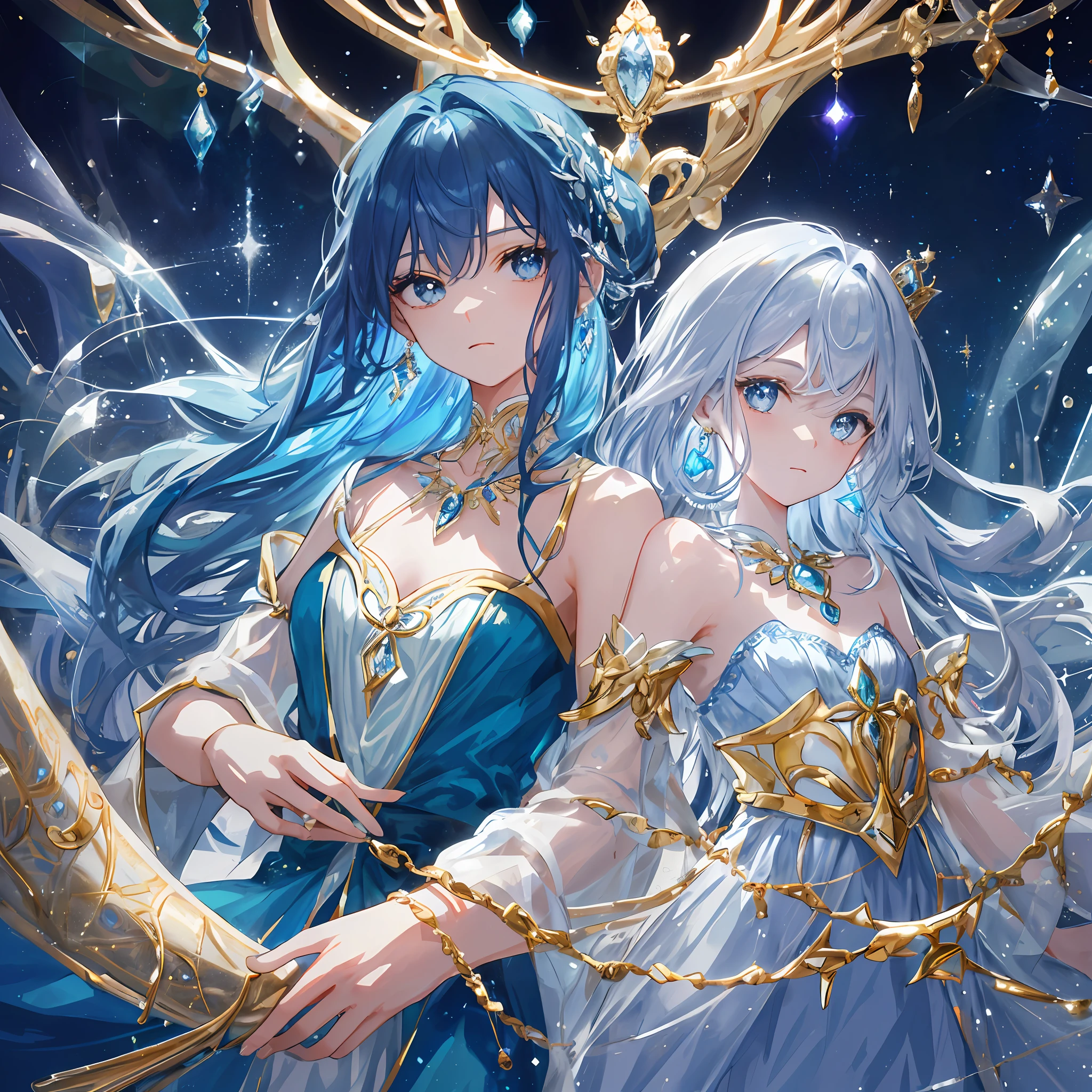 Masterpiece, superb, illustration, saxophone blue, platinum earrings, 1girl, cute, (dynamic light: 1.2), movie light, exquisite facial features, detailed eyes, sharp pupils, realistic pupils, depth of field, background blur, clear focus , (ultra-detailed, halo, glow: 1.4), many small gemstones, a crown woven with golden silk thread is worn in the ice blue hair, the ears behind the hair have pointed ears, the girl has a beautiful face, a pair of The necklace with the blue crystal pendant falls between the collarbone, and below it is the full white chest. She is wearing a water blue long dress, which is exquisite and gorgeous. The skirt has small pendants in the shape of water droplets made of various gemstones
