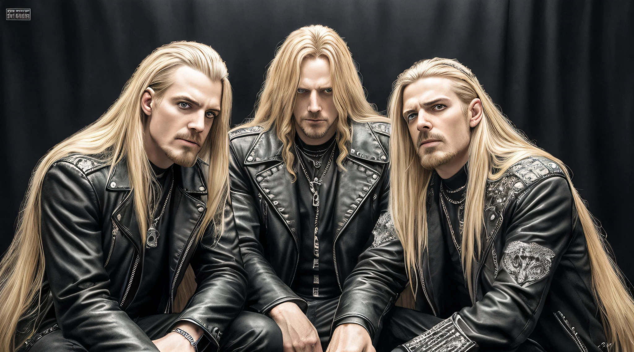 best quality, ultra high resolution, (photorealistic: 1.4), THREE men LONG BLONDE HAIR, a closeup .leather jackets, sitting on a blanket, heavy metal 1981, new wave of british heavy metal, black metal aesthetic, thrash metal, doom metal, photo documetallism, black metal, rococo black metal, heavy metal style, megadeth, death metal, they sit next to a pile of bones, Black Metal Style