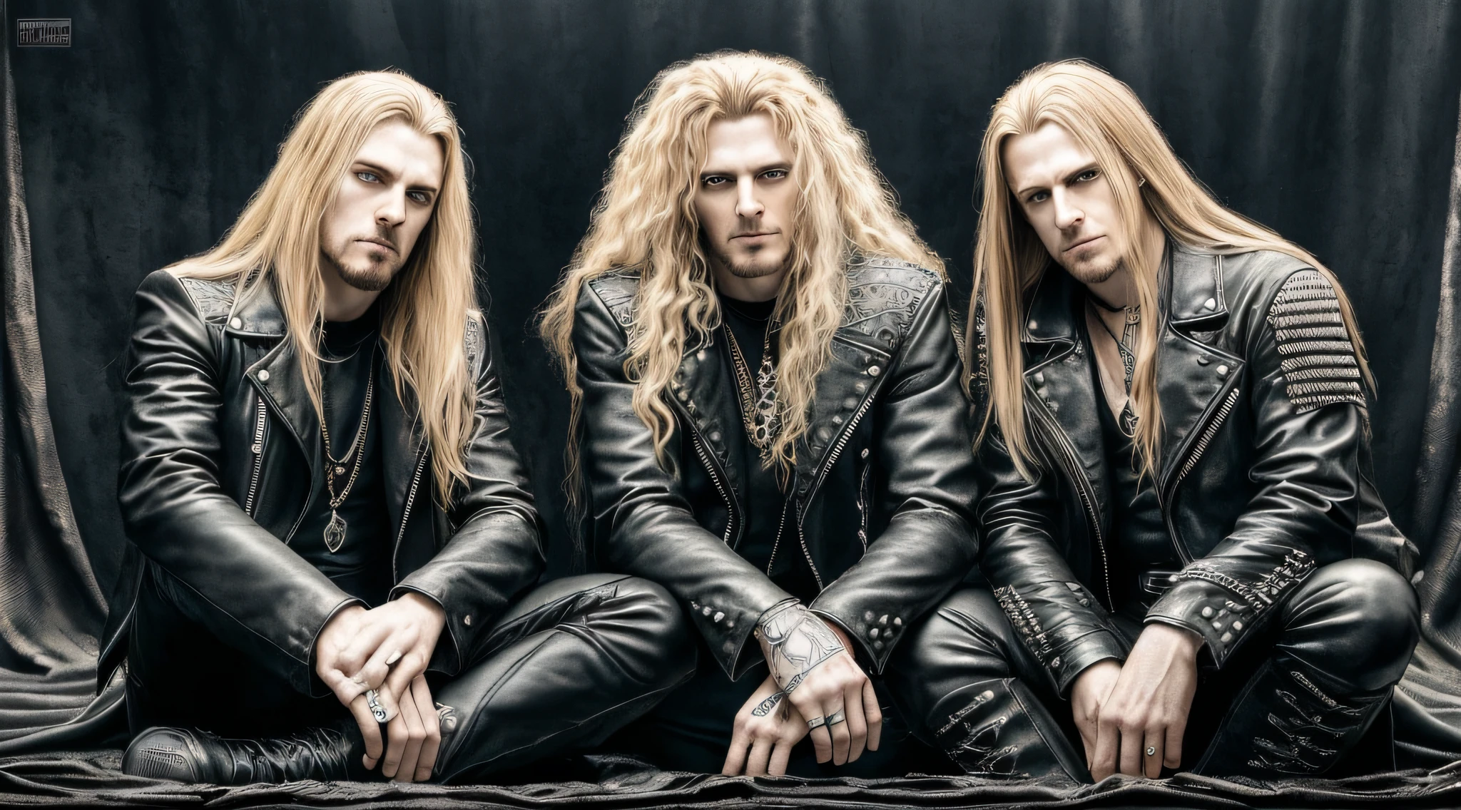 best quality, ultra high resolution, (photorealistic: 1.4), THREE men LONG BLONDE HAIR, a closeup .leather jackets, sitting on a blanket, heavy metal 1981, new wave of british heavy metal, black metal aesthetic, thrash metal, doom metal, photo documetallism, black metal, rococo black metal, heavy metal style, megadeth, death metal, they sit next to a pile of bones, Black Metal Style