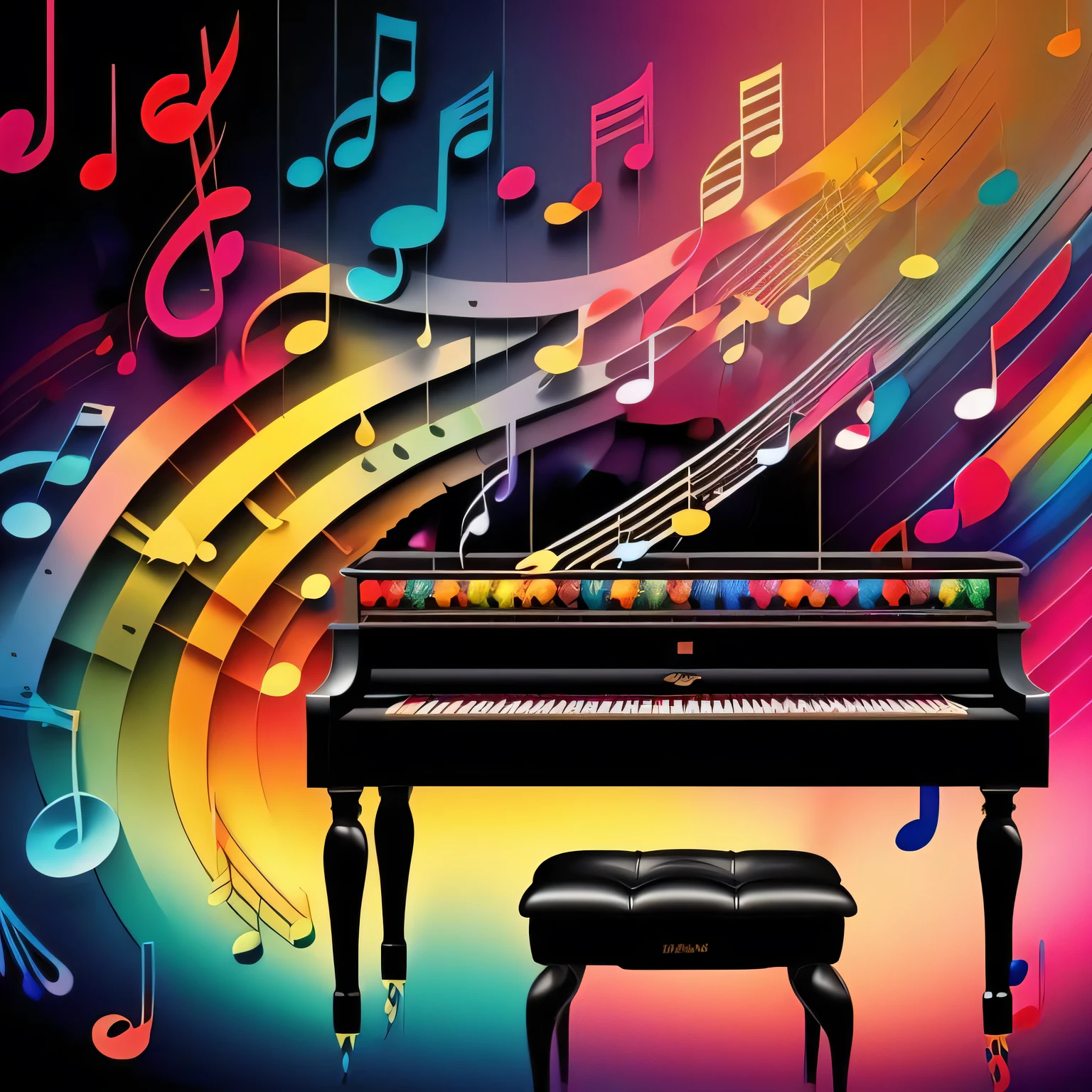 a drawing of colorful music notes above a piano keyboard, Synesthesia