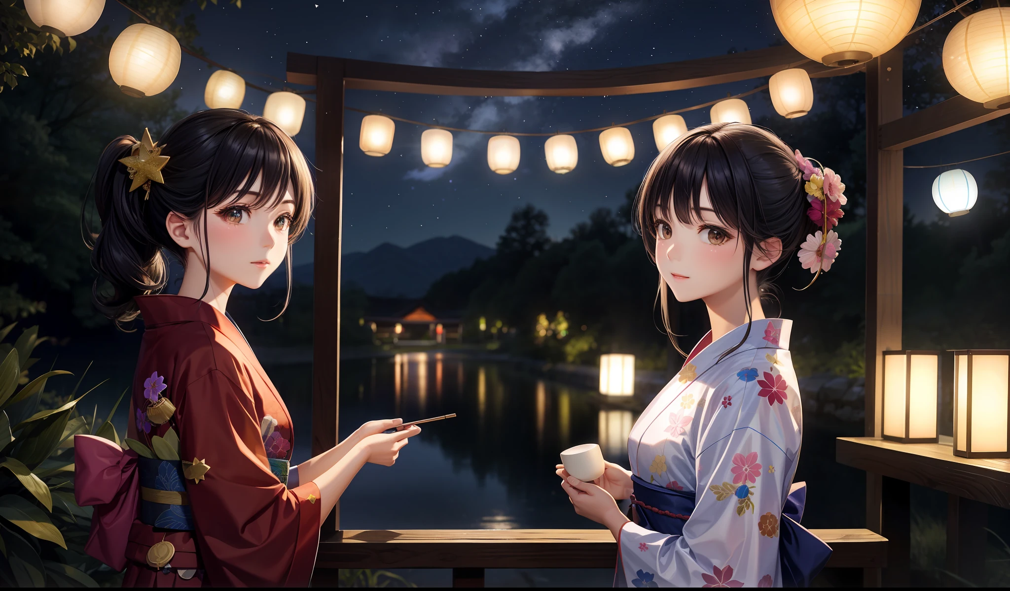 beauty, 25 years old, countryside, yukata, night, starry sky, lantern streaming, river,