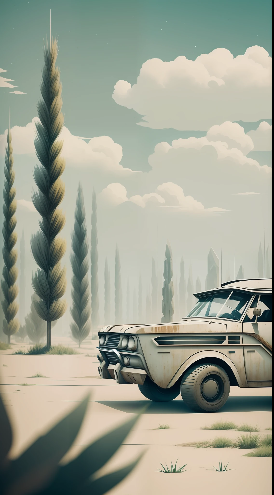 vintage,retro,white,all-white,pastel colors,hachures,star wars,minimalist and detailed,post apocalyptic setting