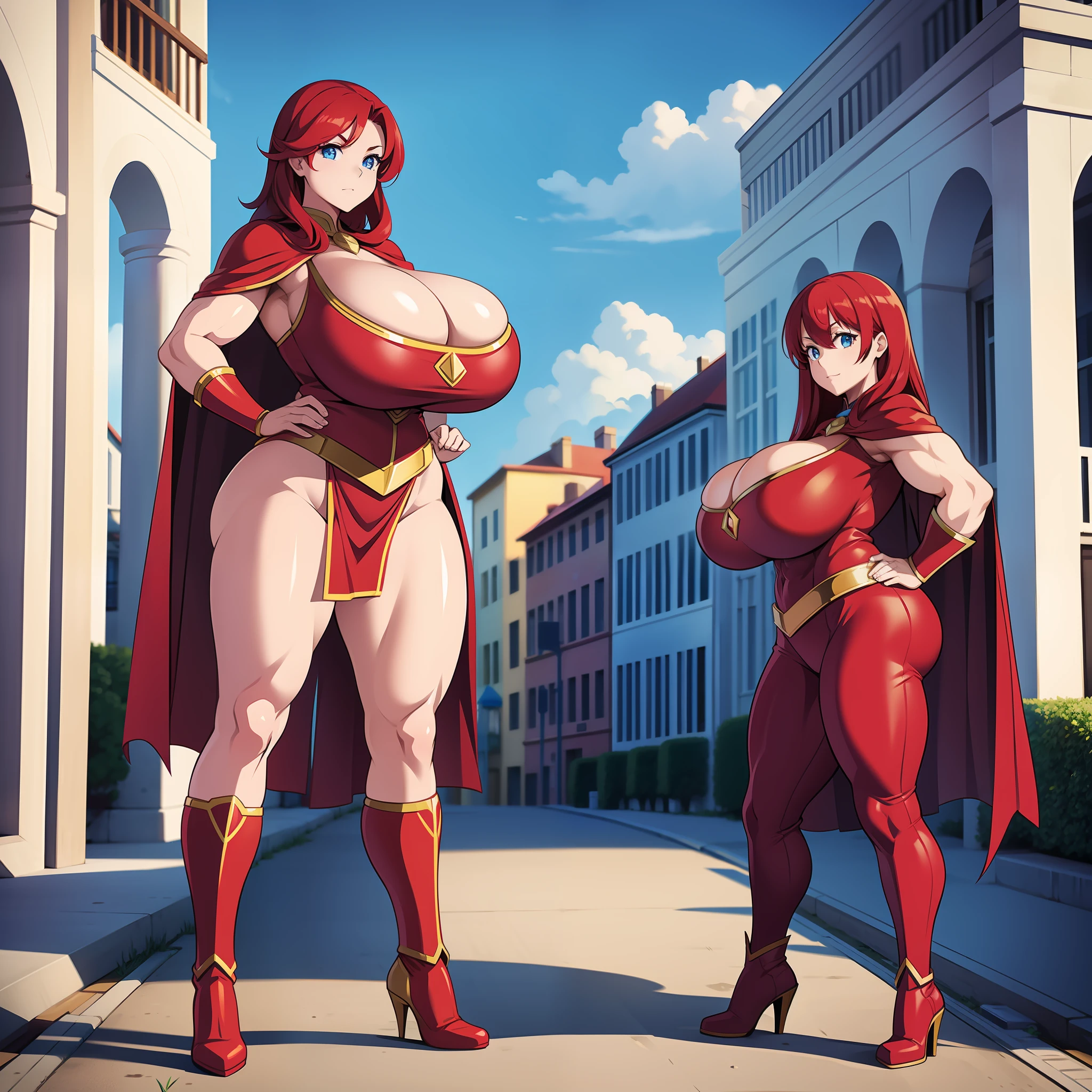 Super girl, huge breasts, exaggerated breasts, red uniform with opening in the breasts, bare legs, white cape, long red hair, very muscular, standing facing with both hands on the waist, an town square