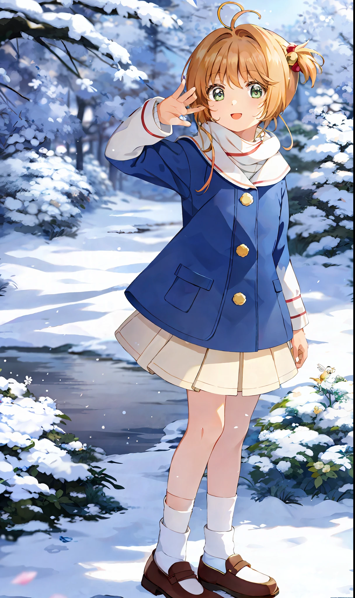 masterpiece, best quality, 1girl, solo, sakura, dressed in winter clothes, socks, two sides up, snowing a lot