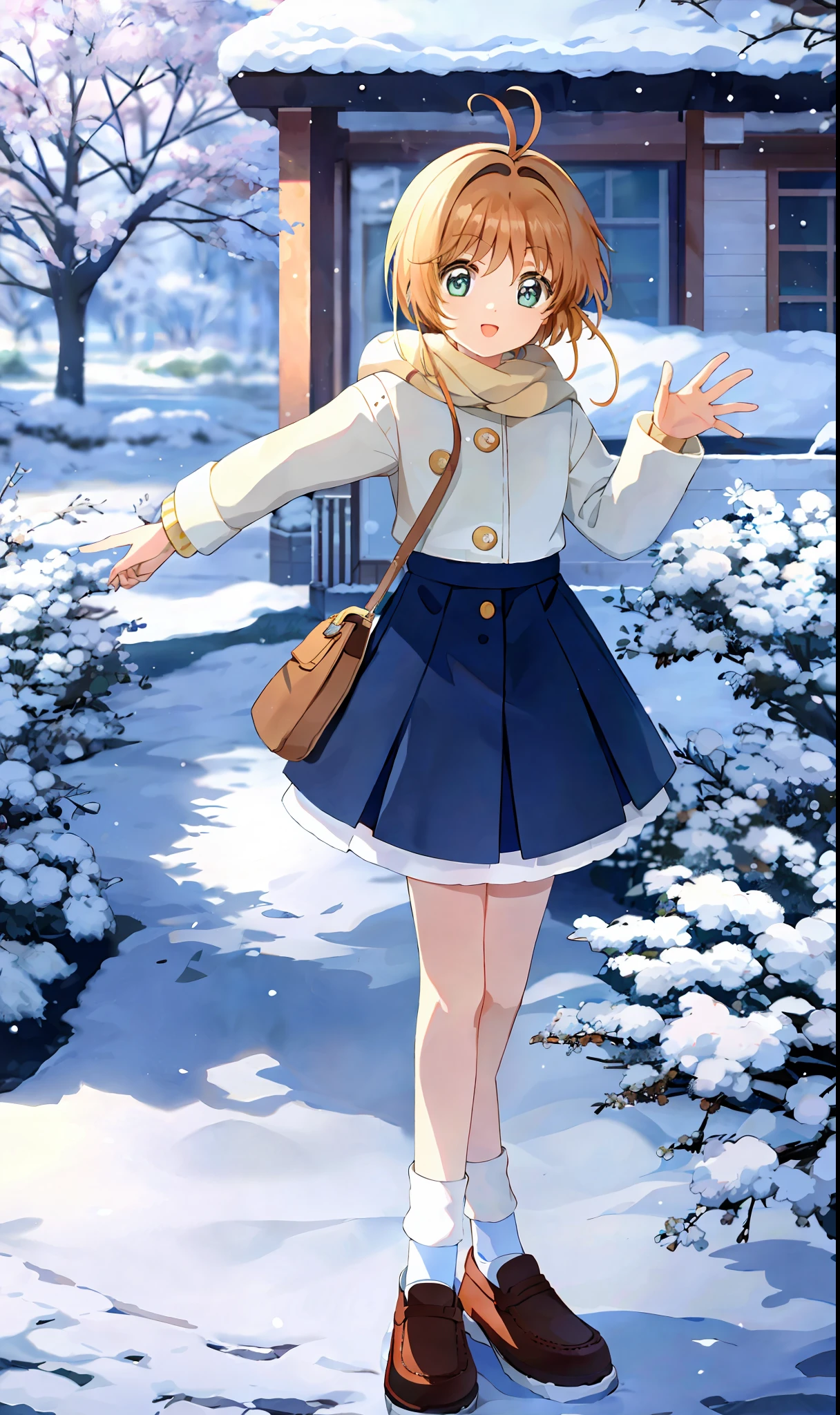 masterpiece, best quality, 1girl, solo, sakura, dressed in winter clothes, socks, two sides up, snowing a lot