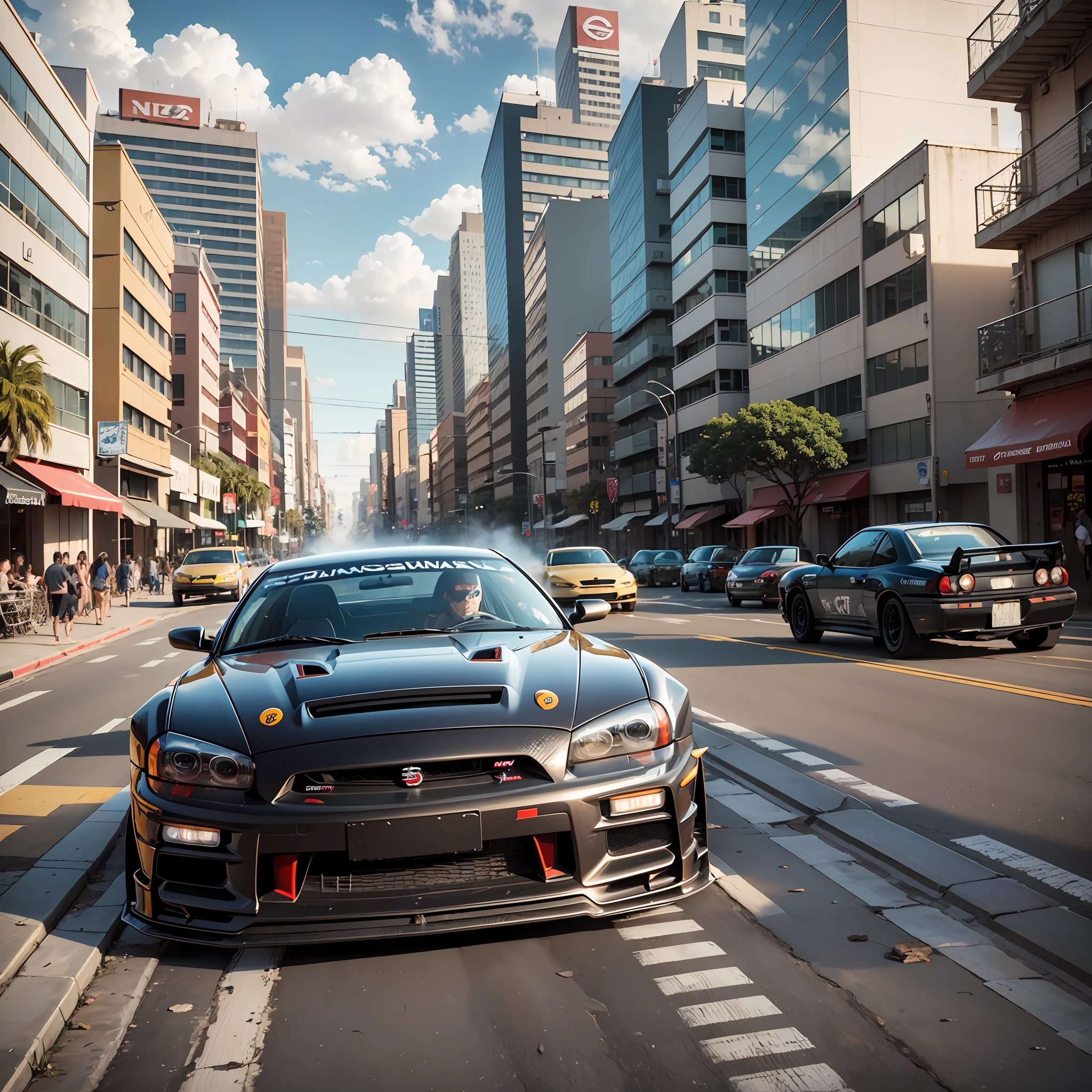 The scene begins with Brian's car, a Nissan Skyline GT-R R34, roaming the busy streets of a city in Brazil. The image shows the car speeding, with its tires skidding on the asphalt as it makes precise turns. The sun shines brightly, illuminating the surrounding tropical scenery with palm trees and colorful buildings. The car has a metallic blue paint, with custom stickers and black details. Spectators on the sidewalks stare in awe as the car accelerates, creating a trail of smoke and leaving a characteristic sound of the turbocharged engine. The image captures all the emotion and action of the scene, conveying the intense atmosphere and passion for speed that "Fast and Furious" is known to portray. --auto --s2